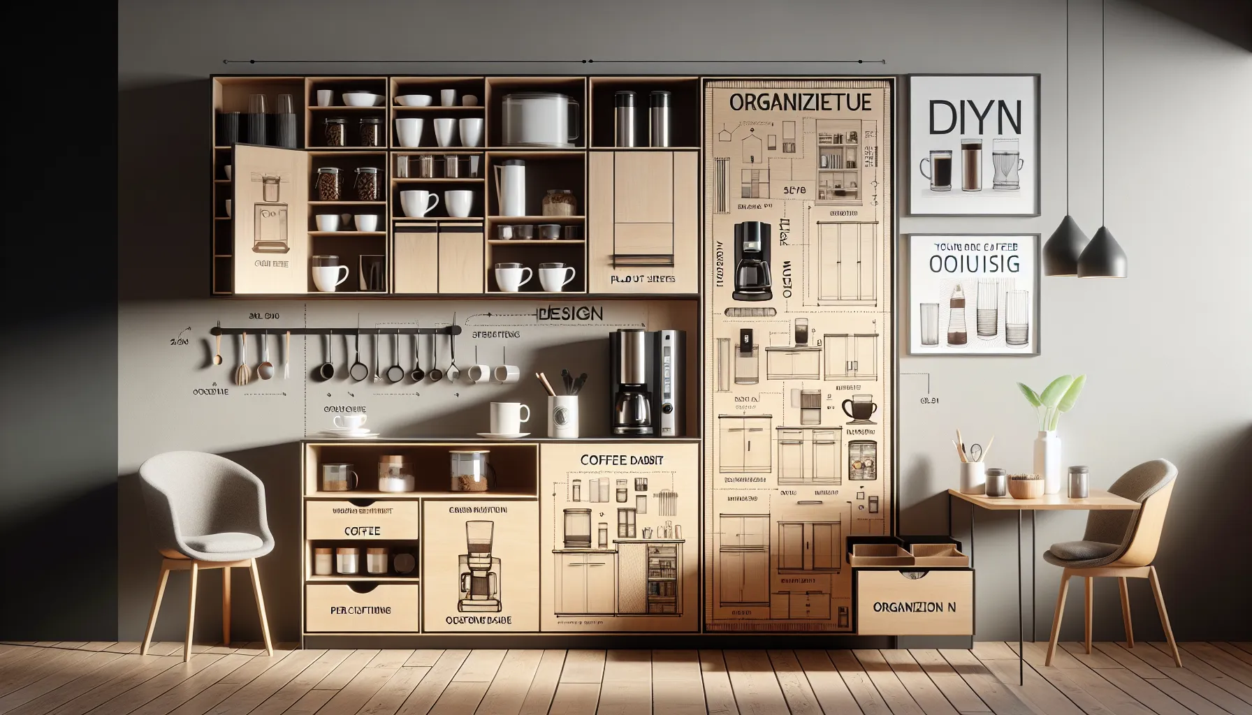 A modern coffee cabinet features organized shelves for coffee supplies, mugs, and a coffee maker, highlighted by a sleek design and minimalist decor.