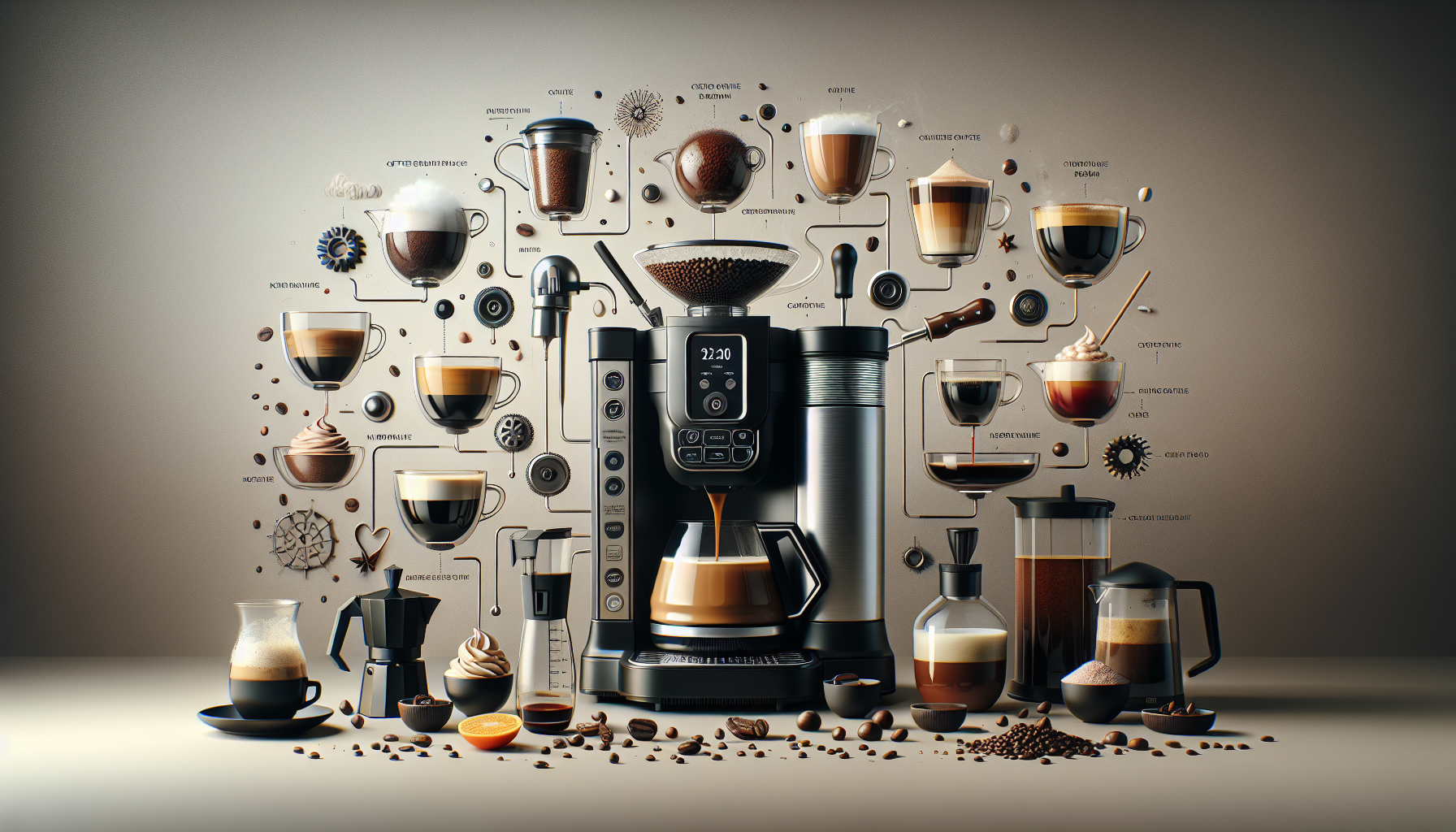 A modern coffee machine sits in the foreground, surrounded by various coffee drinks and equipment, including espresso, cappuccino, and cold brew options. The background features an artistic diagram of coffee-making methods and ingredients, with coffee beans and related items scattered around, creating a visually engaging coffee-themed display.