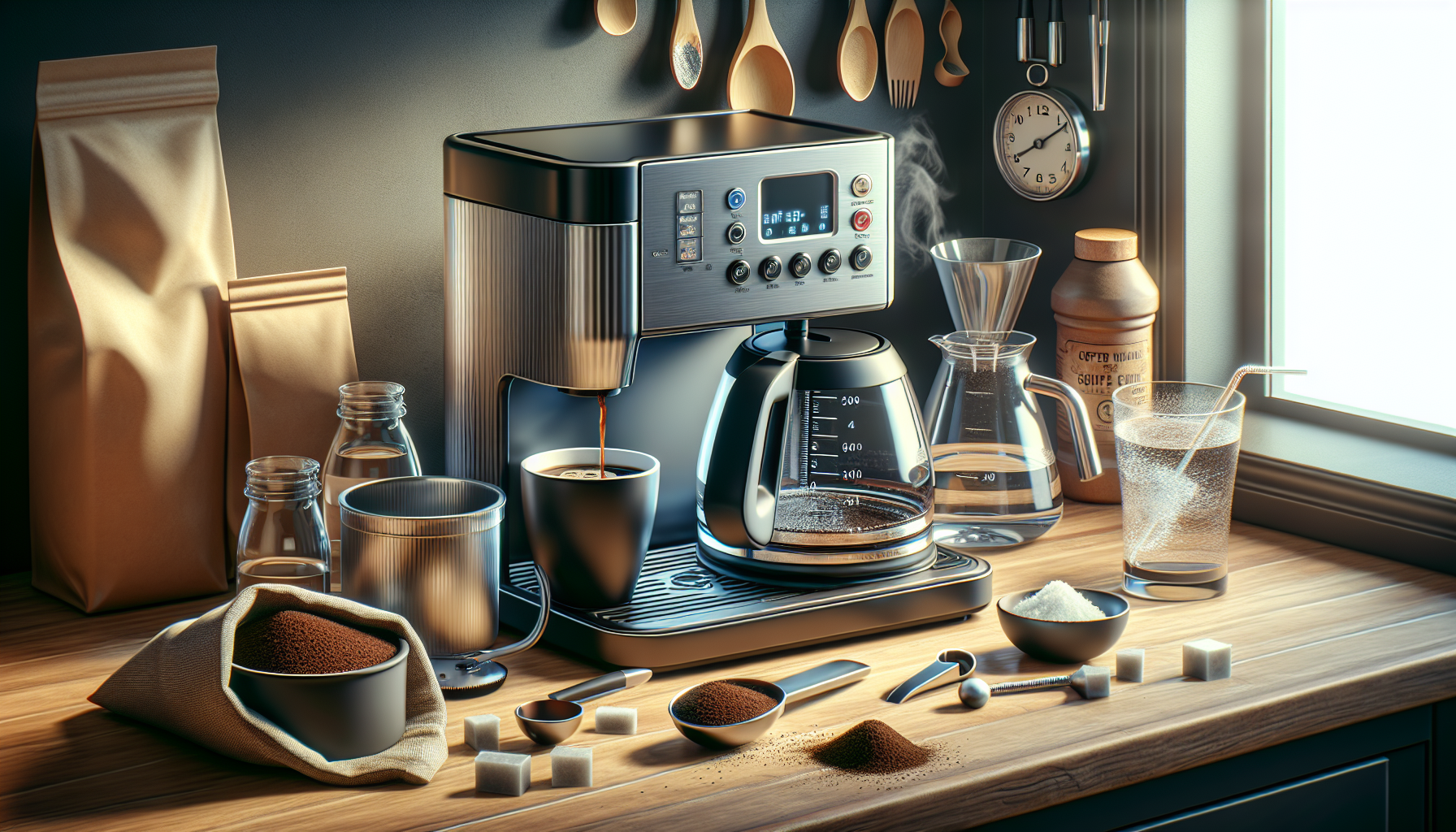 A modern coffee machine sits on a wooden countertop surrounded by various coffee-making supplies, including bags of coffee beans, glass jars of water, a drinking glass with a straw, an espresso cup, and sugar cubes. A brewing pot is filled with coffee, steam rising from it, alongside measuring spoons and a timer, with wooden utensils hanging in the background and a clock mounted on the wall. Natural light streams in from a window.