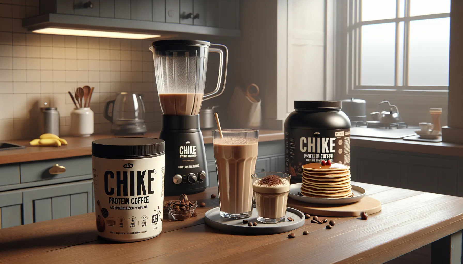 A cozy kitchen scene featuring chike protein coffee with a blender, drinks, and pancakes on a table.