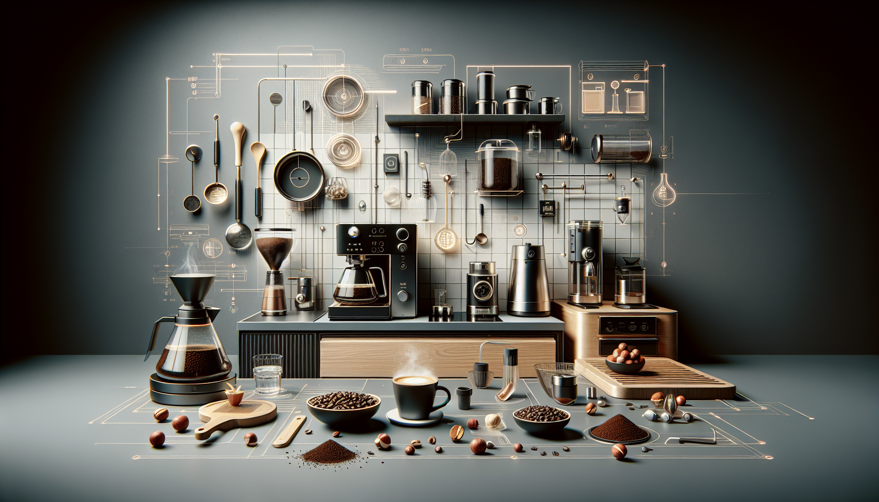 A modern coffee preparation setup featuring various coffee-making equipment arranged on a sleek countertop. The background showcases a grid of tools including coffee grinders, brewing devices, serving cups, and decorative coffee beans and nuts scattered across the surface. The scene is illuminated with a warm ambiance, emphasizing the intricate details and textures of the coffee gear and ingredients.