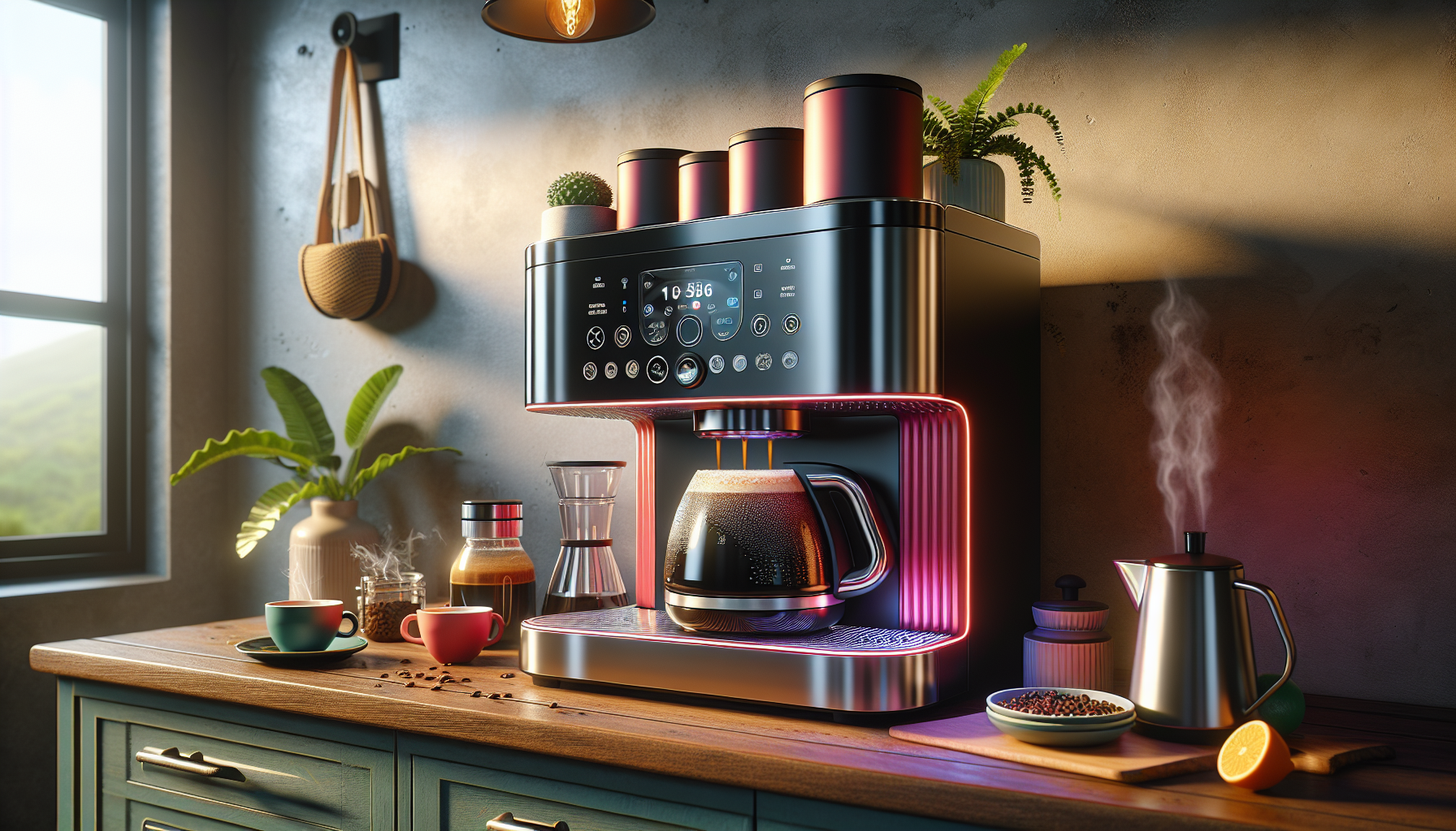 A modern coffee machine with a digital interface is brewing coffee, surrounded by mugs, a kettle, and coffee accessories on a rustic wooden countertop, with plants and natural light enhancing the cozy kitchen atmosphere.