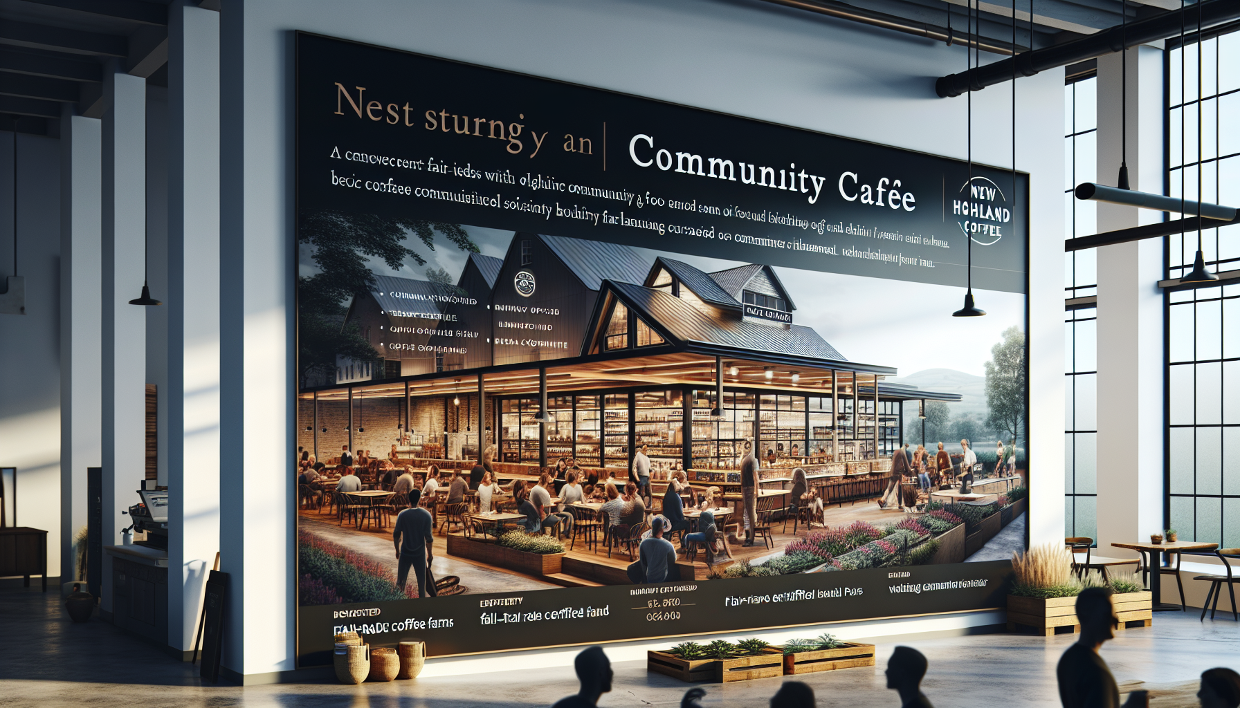 A large mural depicting a vibrant community café scene, featuring an outdoor seating area filled with people and dogs, surrounded by greenery. The café has a rustic architectural style, with large windows and a porch, and is highlighted with text promoting fair-trade coffee and community involvement. The interior of the café is designed with wooden tables and an inviting atmosphere, while natural light pours in through tall windows.