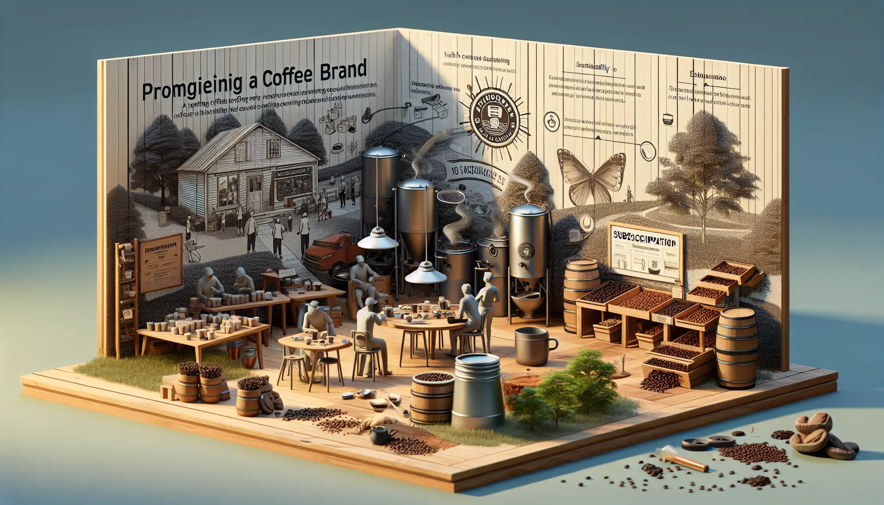 A detailed scene illustrating the production and promotion of vigilante coffee, featuring various figures engaged in activities related to coffee preparation and branding within a rustic setting.