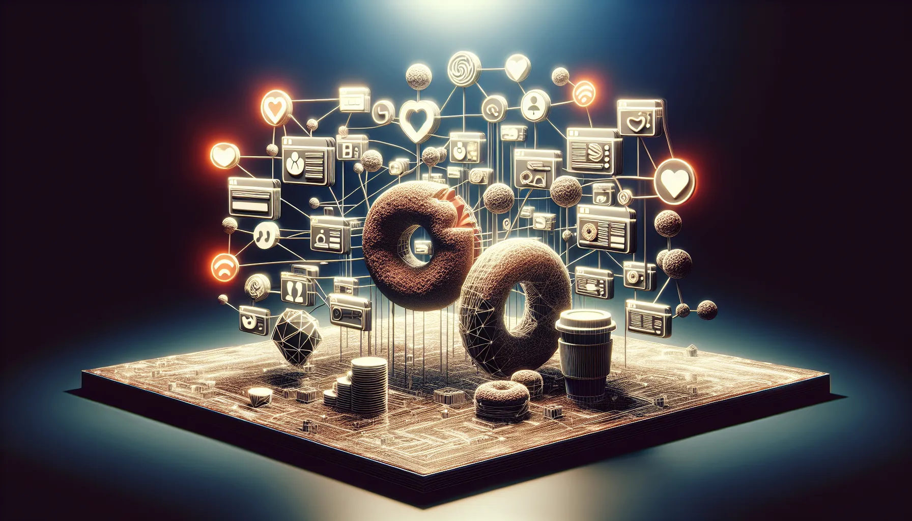 A stylized digital landscape featuring two large, textured donuts at the center, surrounded by a network of glowing icons representing social media, data, and connectivity, all set against a dark background with a subtle light source enhancing the scene.