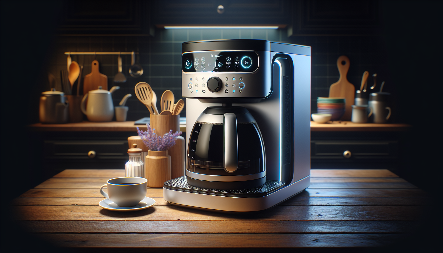 A sleek, modern coffee maker sits on a wooden kitchen countertop, with a carafe of brewed coffee visible. Surrounding it are various kitchen utensils, a small vase of lavender, a sugar jar, and a white coffee cup on a saucer. The kitchen is softly illuminated, creating a warm and inviting atmosphere.