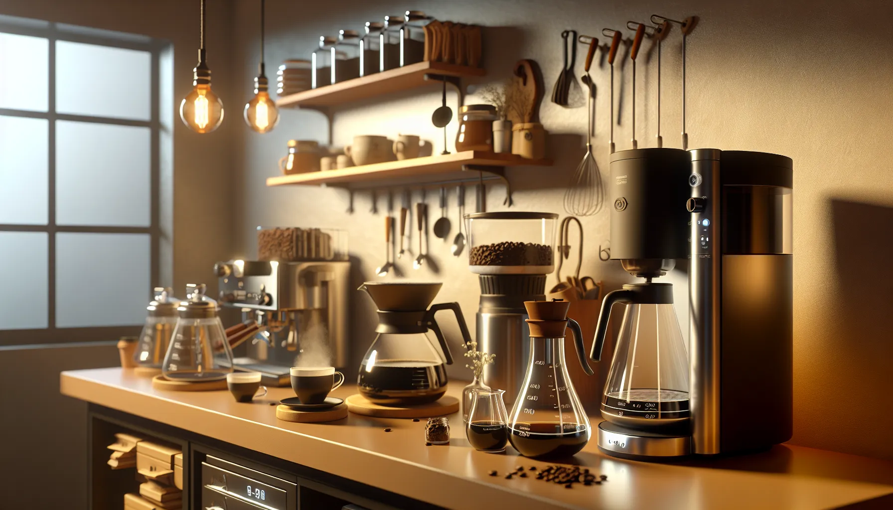 A modern coffee bar setup featuring various brewing equipment, including a coffee maker, glass coffee carafes, a manual pour-over device, and espresso machine. The countertop is adorned with a small cup of coffee, coffee beans scattered around, and stylish wooden shelves holding jars and utensils, illuminated by warm pendant lights against a backdrop of a window.