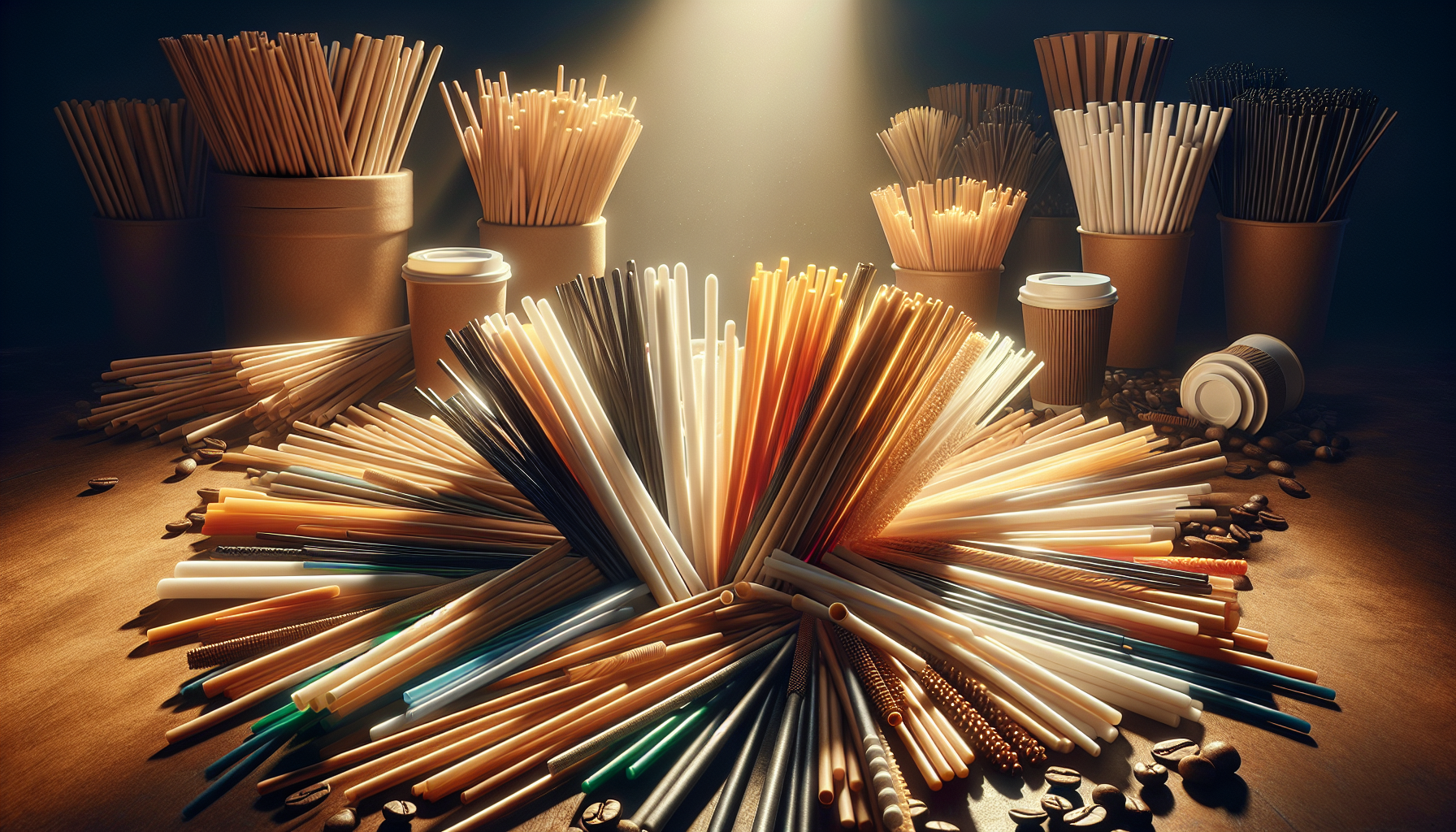 A vibrant arrangement of various straws radiates outward from a central point, surrounded by paper cups and scattered coffee beans on a wooden surface, illuminated by soft, dramatic lighting.