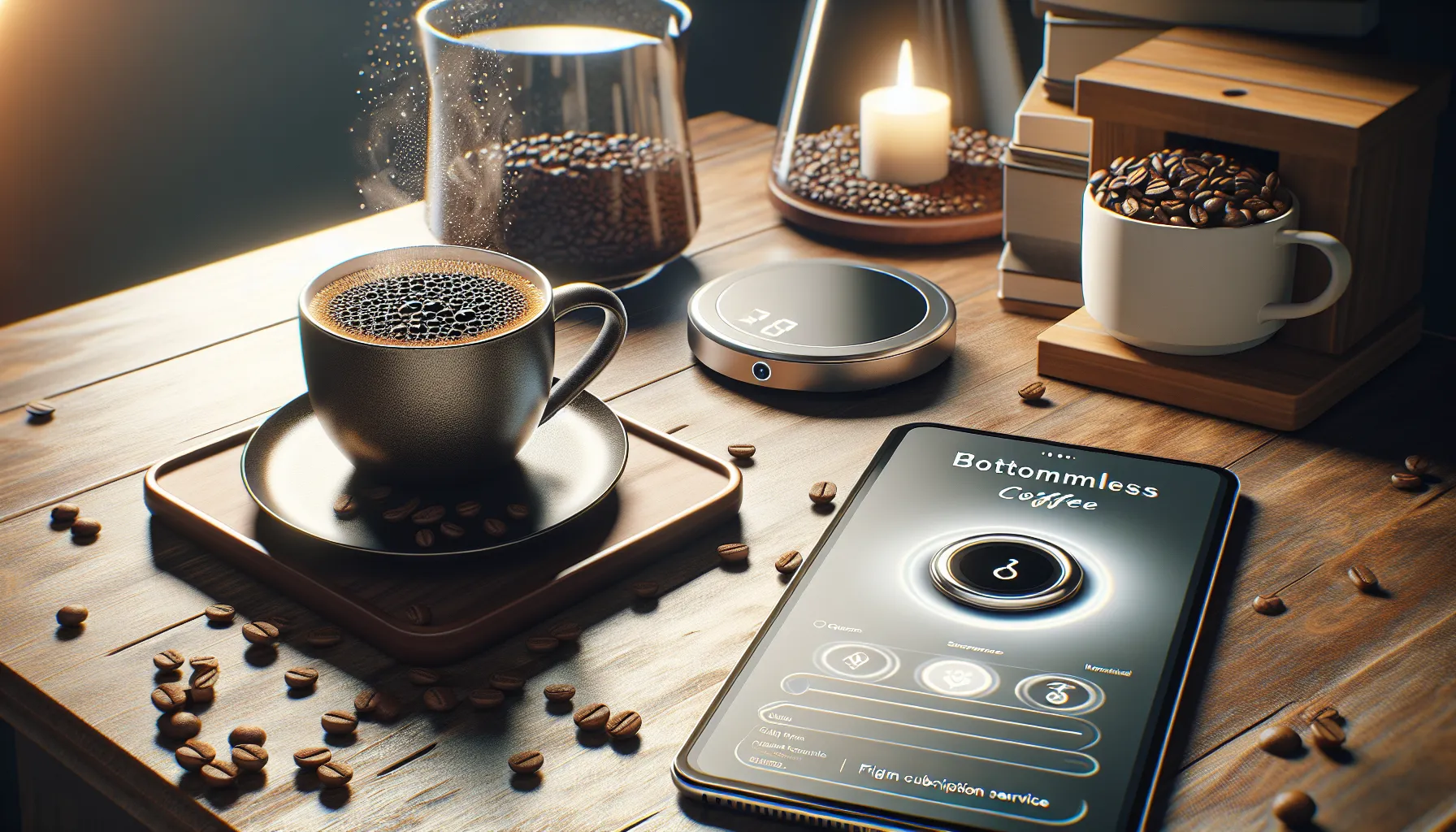 A steaming cup of bottomless coffee sits on a table surrounded by coffee beans and accessories.