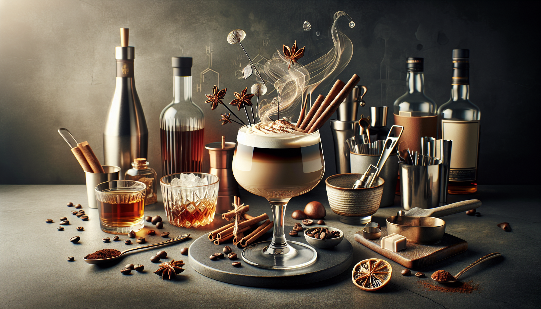 A beautifully arranged cocktail scene featuring a glass filled with layered coffee and cream topped with whipped cream and garnished with cinnamon sticks and star anise. Surrounding the glass are various bar tools, bottles of spirits, a crystal glass with ice, a small jar, scattered coffee beans, and a few slices of dried citrus. Soft, warm lighting highlights the textures and details of the ingredients and tools, creating an inviting atmosphere.