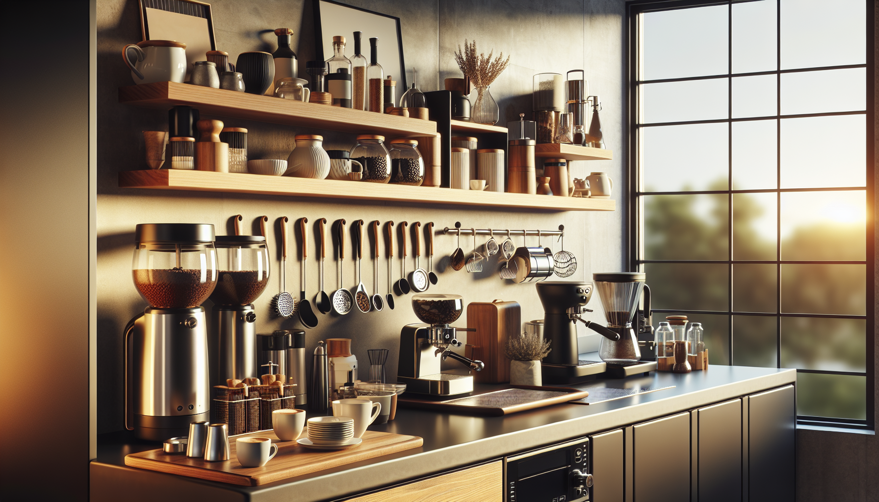 A modern kitchen countertop featuring coffee equipment with two coffee grinders, an espresso machine, a drip coffee maker, and an array of cups and utensils. Above, wooden shelves hold various jars, bottles, and ceramic dishware, while a large window allows natural light to illuminate the space, casting a warm glow.