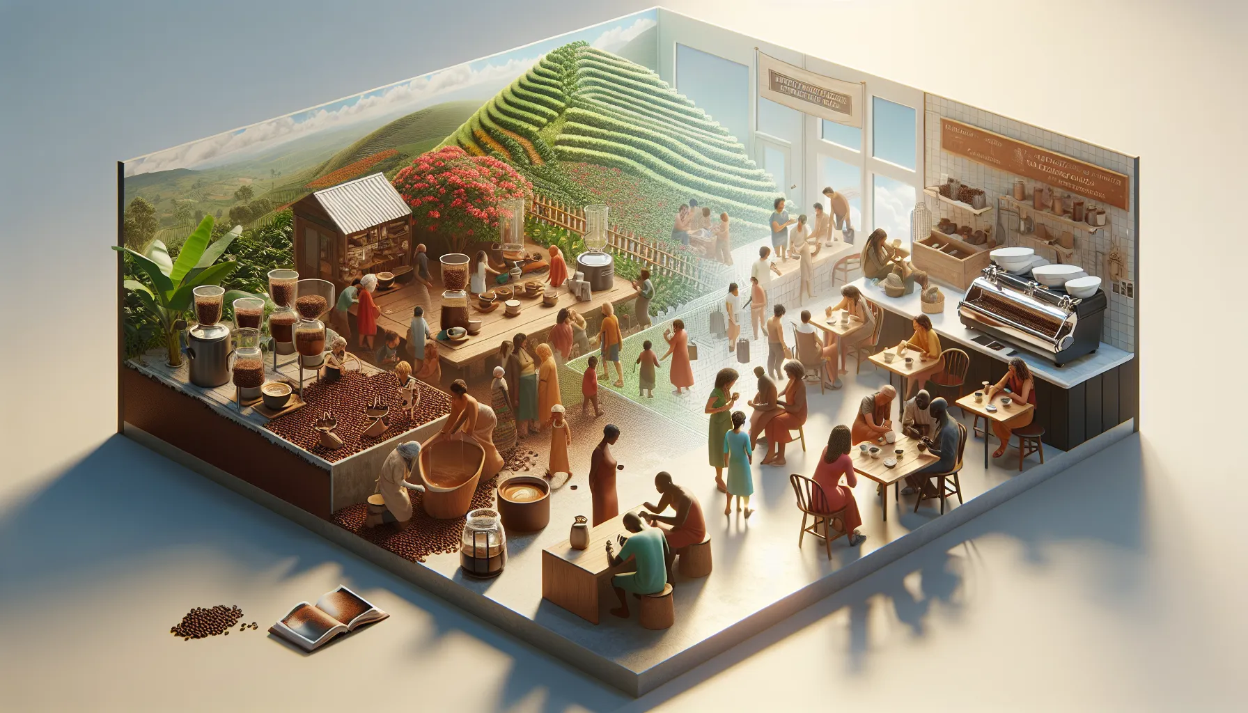 A vibrant, split-scene depiction of a coffee culture, featuring a production area with people engaged in coffee processing, surrounded by lush green hills, and a café setting bustling with patrons enjoying coffee. The scene showcases various stages of coffee preparation, from beans to brewed cups, with lively interactions among diverse figures, against an inviting backdrop of nature and modern café decor.