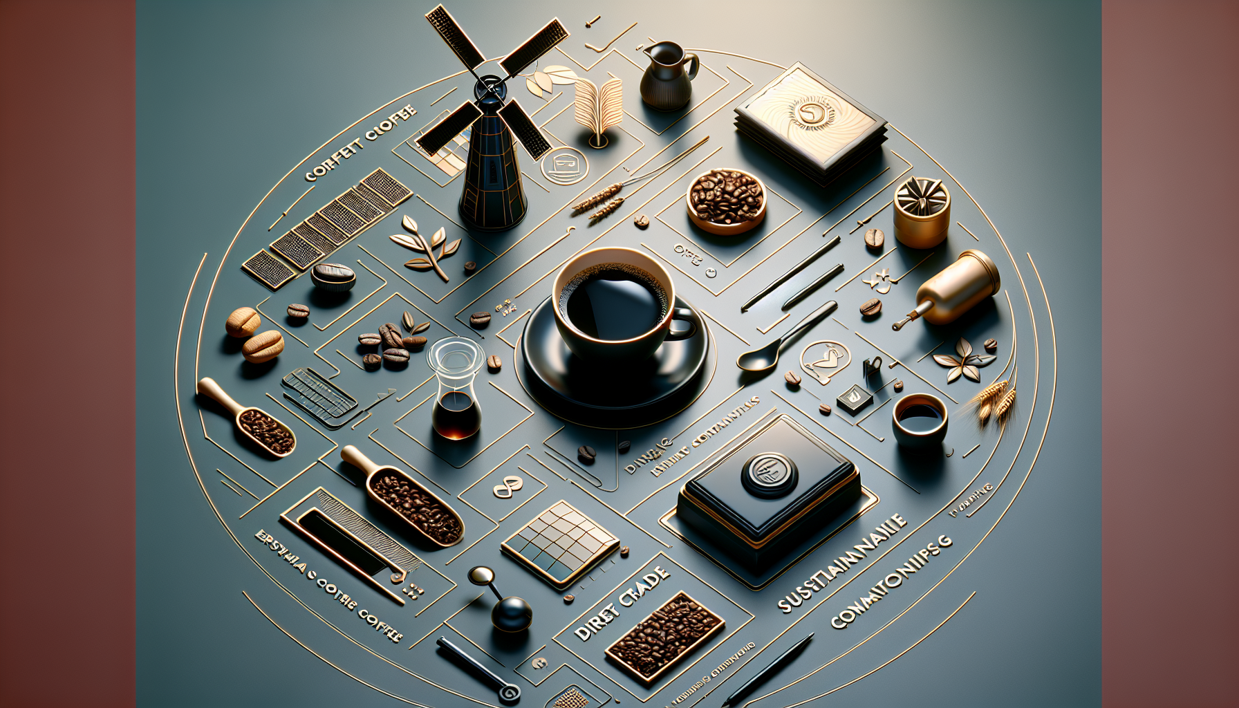 A circular arrangement featuring various coffee-related items, including a cup of black coffee, coffee beans, ground coffee in wooden scoops, a coffee grinder, and decorative elements like leaves and wheat. The background includes artistic engravings of text such as 