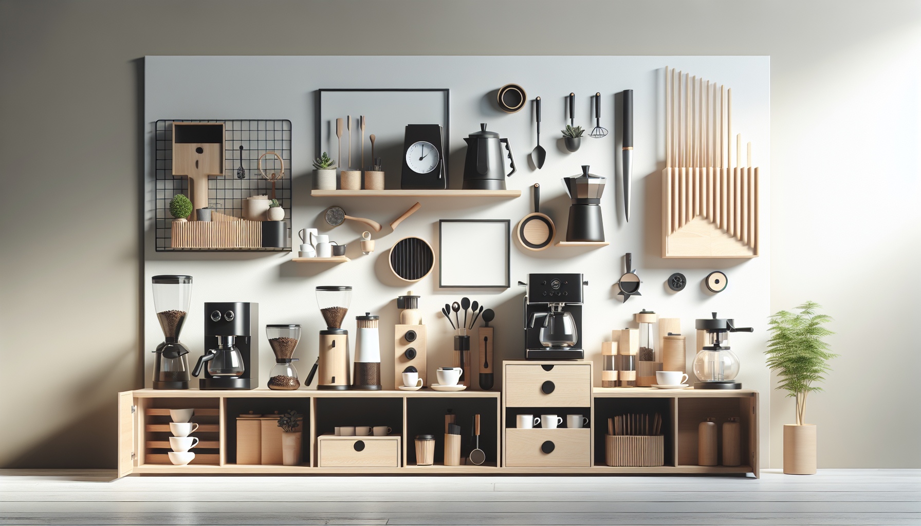 A modern kitchen display featuring a variety of coffee-related items, including coffee makers, grinders, cups, and utensils, organized on wooden shelves against a light gray wall. The arrangement includes both functional and decorative elements, such as plants and geometric shapes, showcasing a minimalist aesthetic with warm wood tones and black accents.