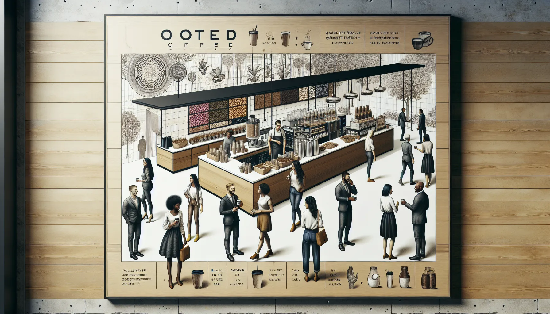 An illustrated coffee shop scene featuring a modern, stylish counter with baristas serving drinks and various coffee-related items displayed. People are interacting, some holding cups of coffee, while others are engaged in conversation. The backdrop includes decorative wall art and a list of coffee types and items.