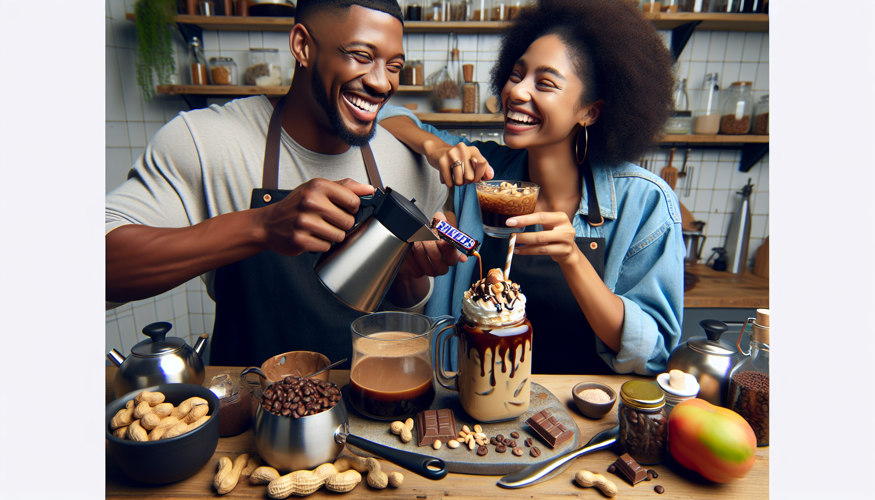 A man and a woman are joyfully preparing beverages in a cozy kitchen. The man, wearing an apron, is pouring coffee from a kettle into a dessert glass, while the woman, also in an apron, holds a decorated glass with whipped cream and chocolate drizzle. Various ingredients, including a bowl of peanuts, coffee beans, chocolate bars, and fresh produce, are spread across the wooden table, creating a warm, inviting atmosphere.