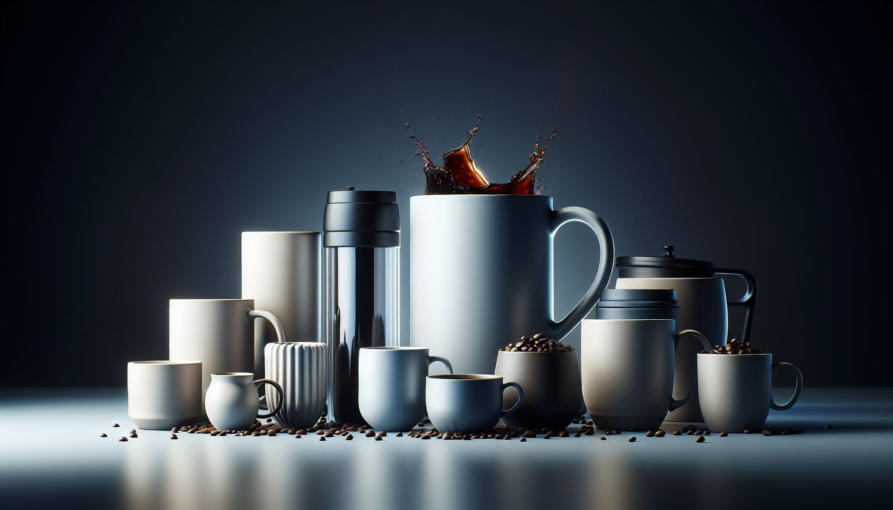 A collection of various coffee mugs and containers in different shapes and sizes, primarily in white and metallic tones, with coffee beans scattered around. A large mug in the center is splashing with coffee, capturing the motion of the liquid. The background is dark, creating a dramatic contrast and highlighting the objects.