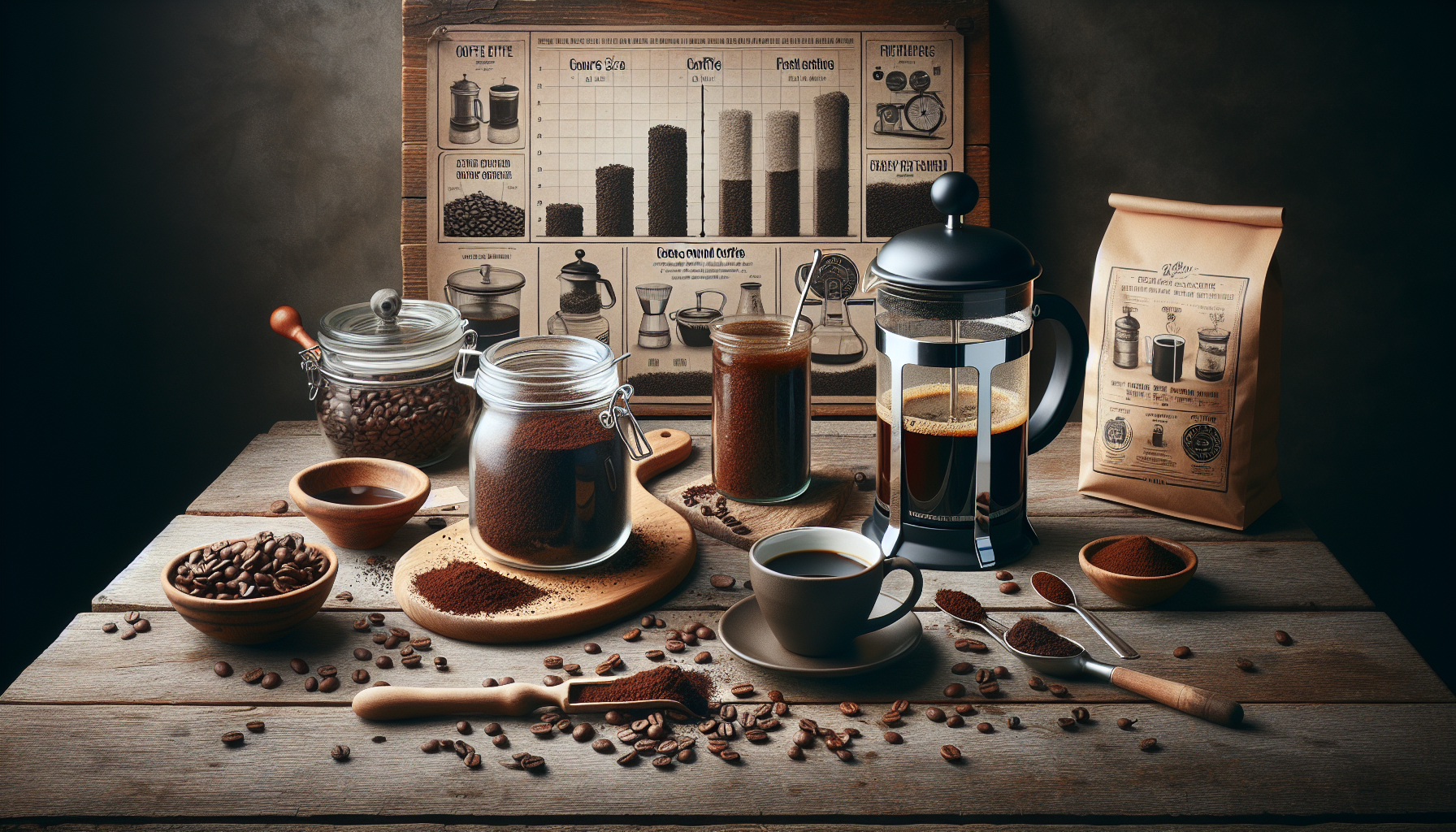 A wooden table displays various coffee-related items: jars of coffee beans and ground coffee, a French press filled with brewed coffee, a cup of coffee on a saucer, and an open bag of coffee with vintage design elements. There are also scattered coffee beans and wooden measuring spoons with ground coffee. In the background, a poster graphically illustrates different coffee types and brewing methods.