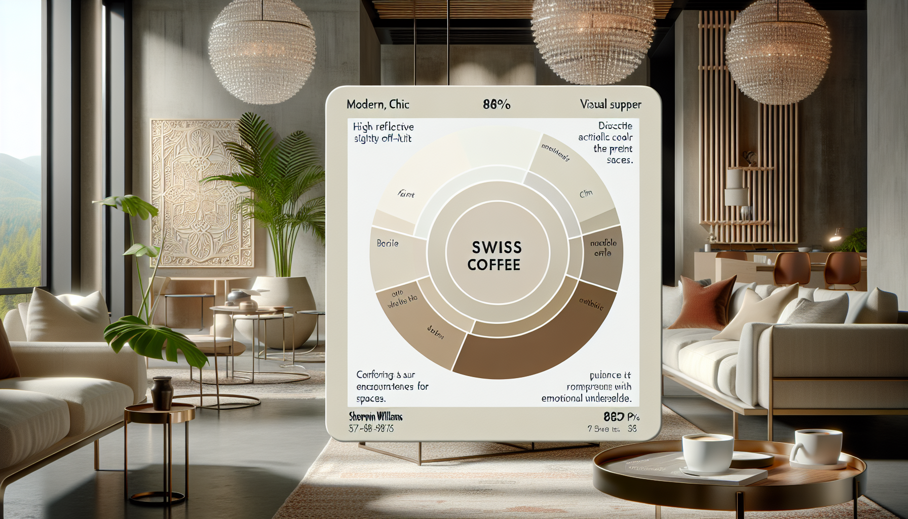 A modern living room featuring a large sample board of 