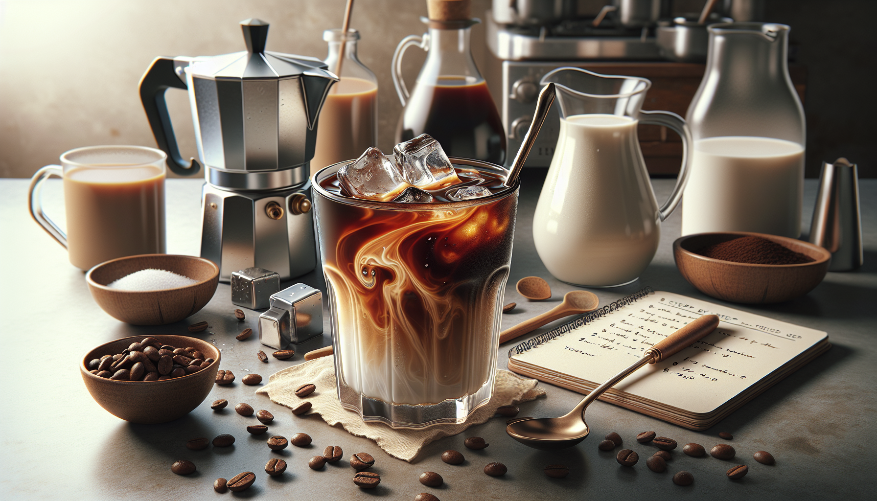 A glass of iced coffee with swirling cream sits on a beige cloth, surrounded by a stovetop espresso maker, mugs of milk and coffee, sugar cubes, a bowl of coffee beans, and a notebook with handwritten notes and a spoon, all arranged on a light-colored countertop.