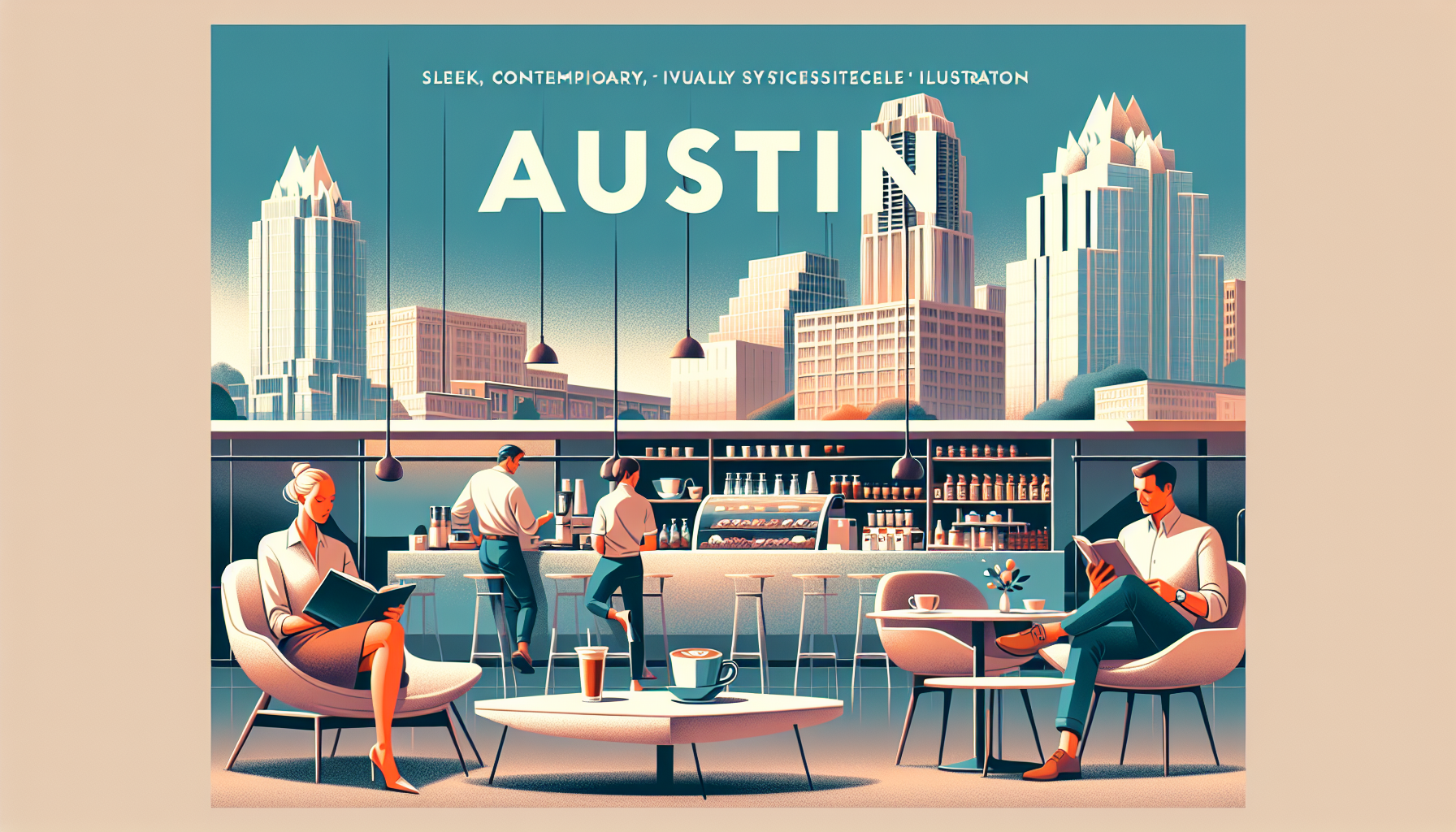 A modern illustration of a stylish café scene in Austin, featuring a woman reading in a chair, a man reading at a table, and baristas preparing drinks behind the counter. Tall, contemporary buildings loom in the background under a clear sky, with a focus on sleek design elements and a vibrant atmosphere.