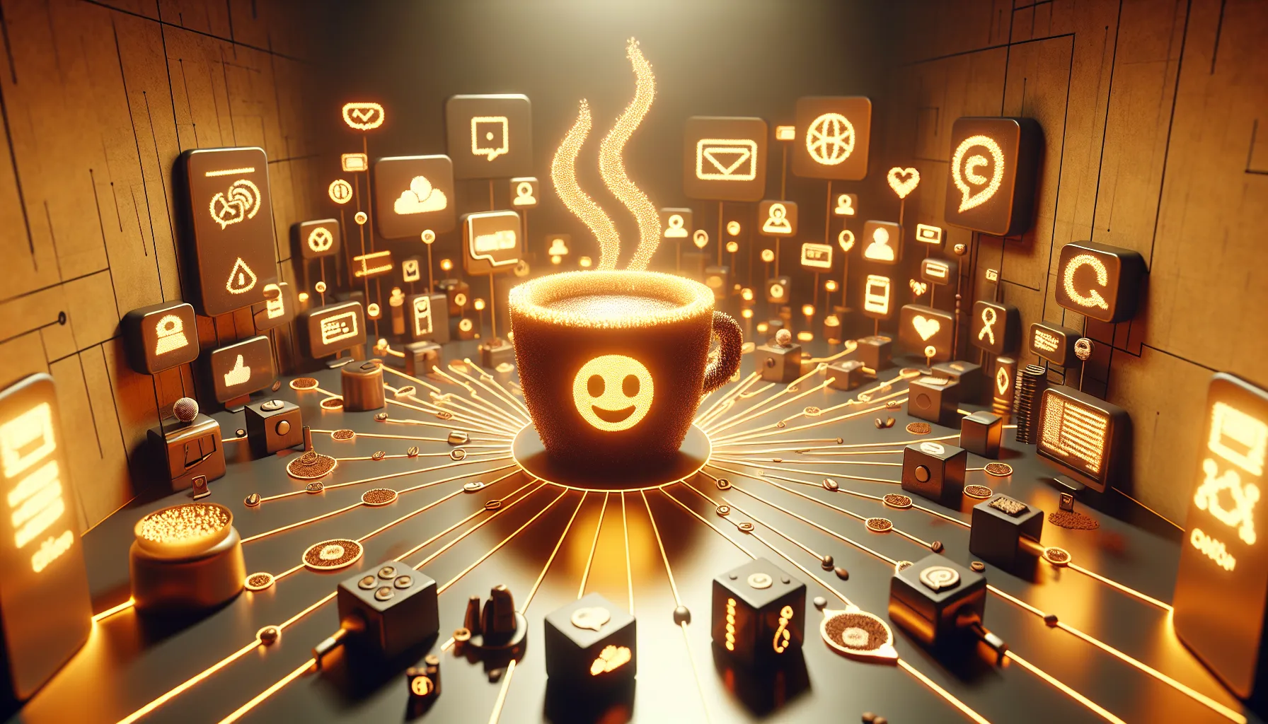 A glowing coffee cup with a smiley face emoji surrounded by various illuminated icons, symbolizing connectivity and digital communication.