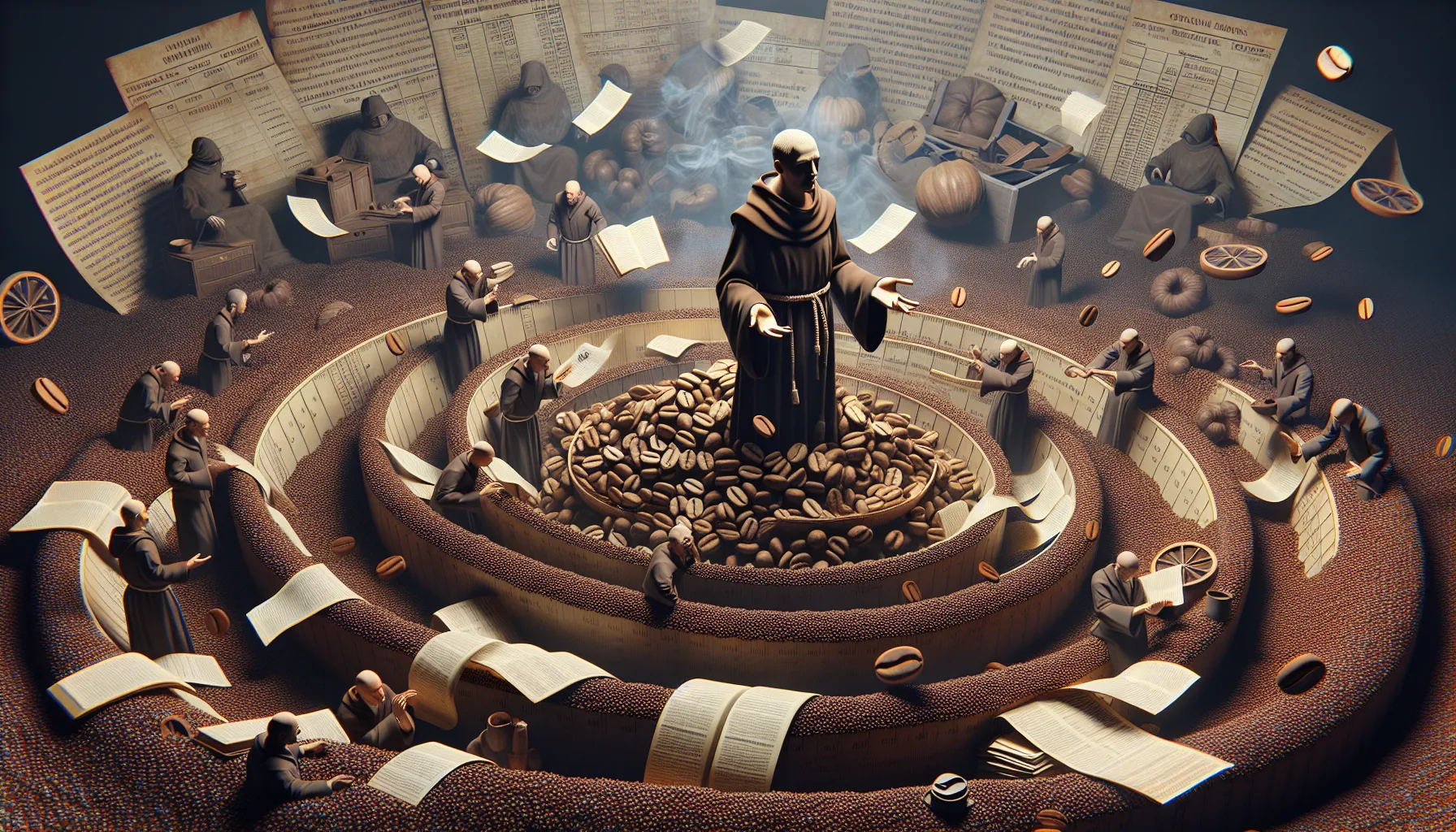 A circular scene depicting numerous cloaked figures surrounding a central statue of a robed figure, all amidst a spiral of coffee beans and scattered parchment papers. The figures engage in various activities related to coffee and manuscripts, with some reading, writing, and examining objects like cups and fruits. Smoke swirls in the air, adding a mystical ambiance to the setting.