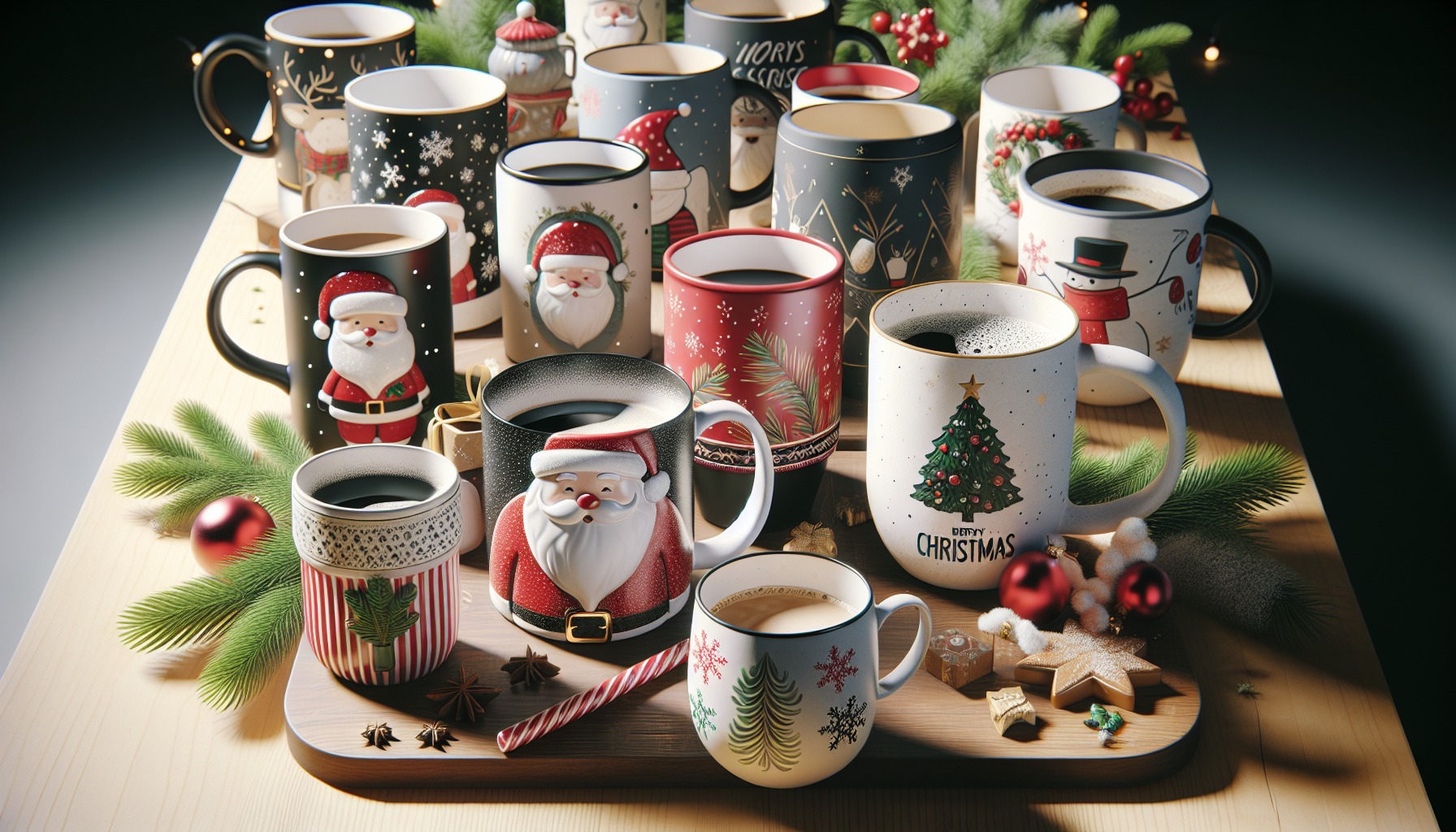 A festive arrangement of various Christmas-themed mugs filled with coffee, surrounded by decorative elements like pine branches, ornaments, and holiday cookies. The mugs feature illustrations of Santa, snowmen, reindeer, and Christmas trees, adding to the seasonal ambiance.