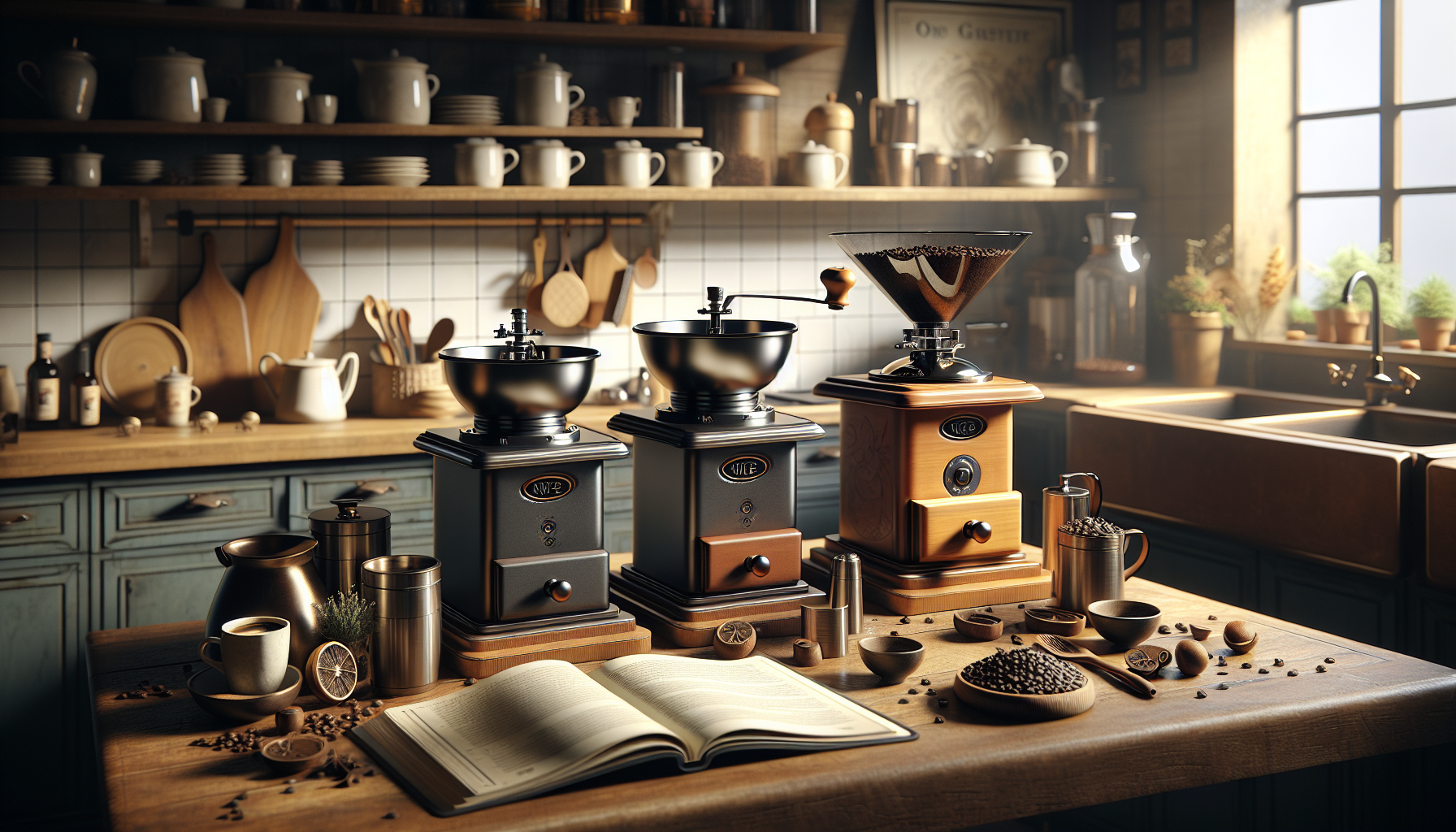 A rustic kitchen scene featuring three vintage coffee grinders on a wooden countertop. The grinders, made of wood and metal, are surrounded by coffee beans, ceramic cups, a teapot, and a scattered open book. In the background, shelves hold various kitchenware and a window lets in warm, natural light.