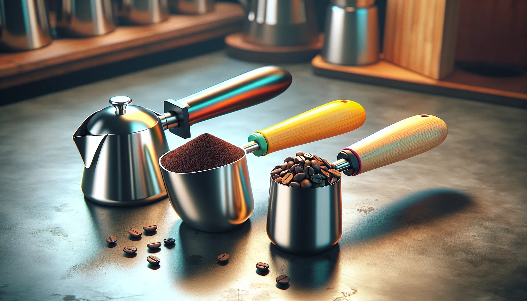 A coffee scoop sits beside a kettle, with one scoop filled with ground coffee and another with whole coffee beans on a polished surface.