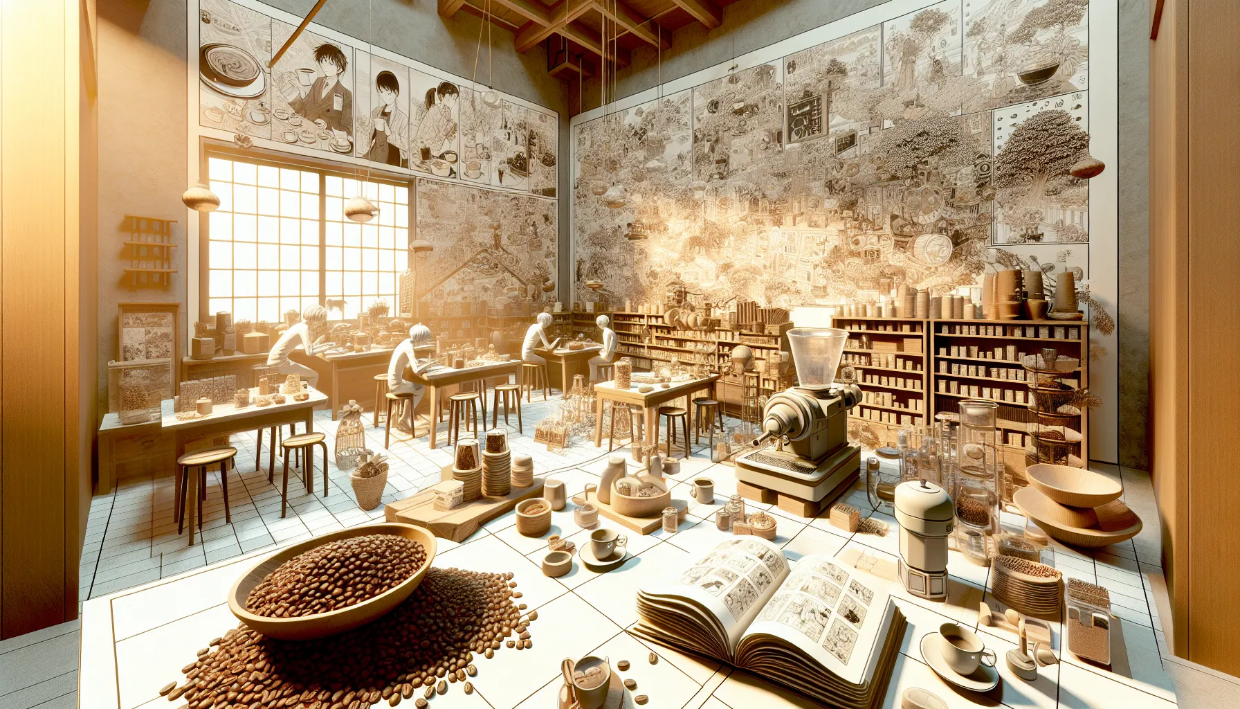 A cozy, brightly lit café interior featuring wooden furniture, shelves filled with jars and coffee-related items, and a large mural on the walls. Several people are seated at tables, engaged in activities, while a large bowl of coffee beans sits prominently on a table in the foreground. An open book rests on the table, displaying illustrations. The atmosphere is warm and inviting, enhanced by sunlight streaming through large windows.