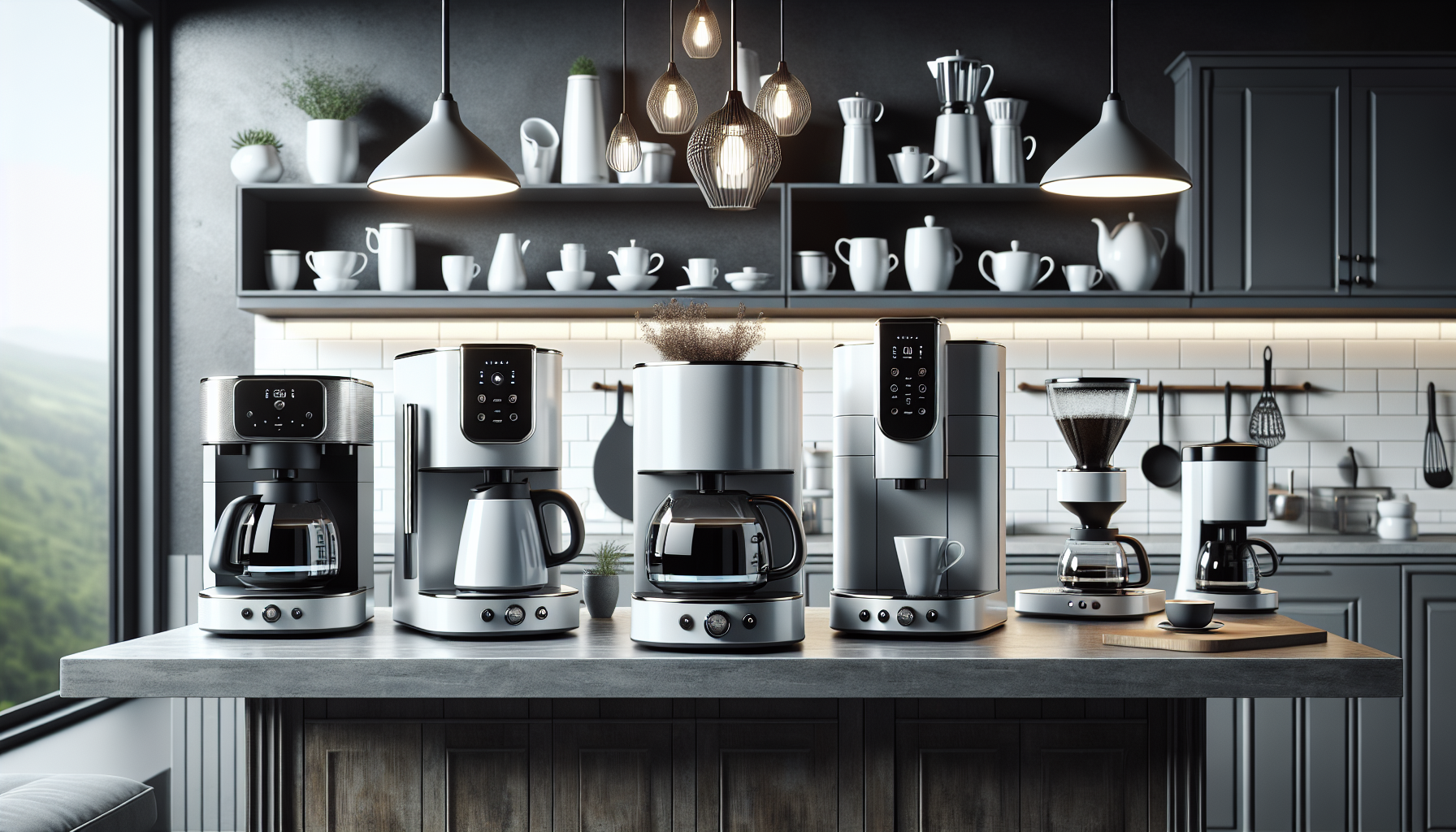 A modern kitchen countertop featuring a variety of sleek, silver coffee machines, including a drip coffee maker, a single-serve machine, and a coffee grinder. Behind the machines, there are white dishware and decorative plants displayed on dark shelves, with large windows providing a view of greenery outside. Warm lighting enhances the cozy atmosphere of the space.