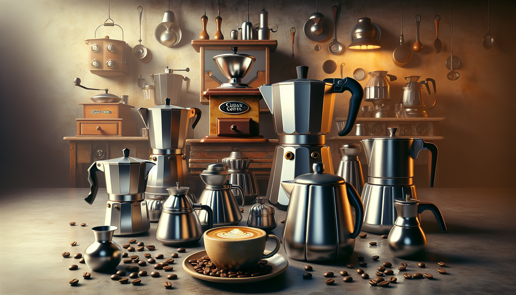 A cozy kitchen scene featuring an assortment of metallic coffee makers, including moka pots and a traditional coffee grinder, arranged around a steaming cup of latte art on a saucer, with coffee beans scattered on the table and soft, warm lighting accentuating the various utensils hanging on the wall.