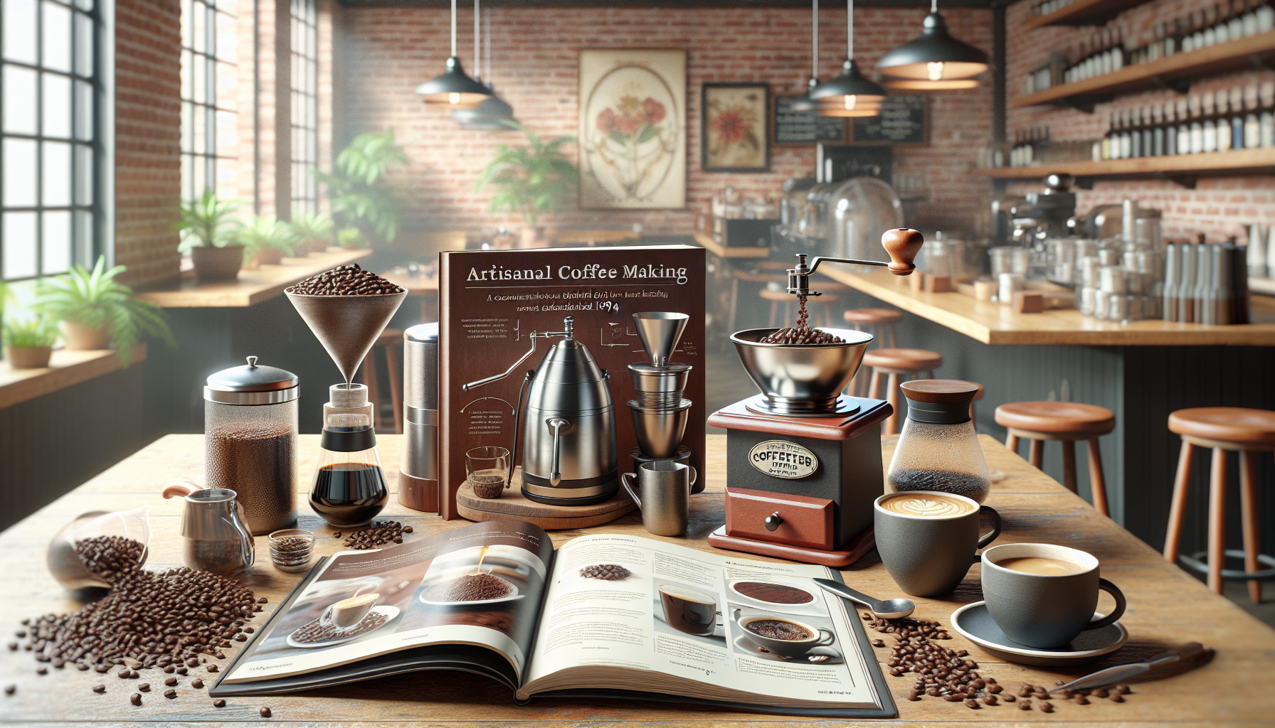 A rustic cafe setting showcases an array of artisanal coffee tools and ingredients: a coffee grinder, brewing apparatus, a book titled 