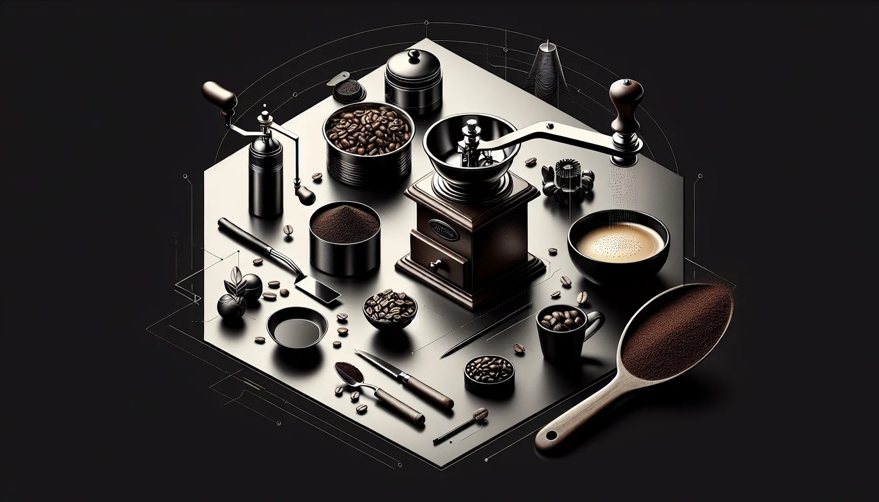 An artistic arrangement of coffee-related items on a dark background, including a vintage coffee grinder, whole coffee beans, ground coffee, a cup of brewed coffee, spoons, a coffee canister, and tools for grinding, all elegantly displayed in a geometric layout.