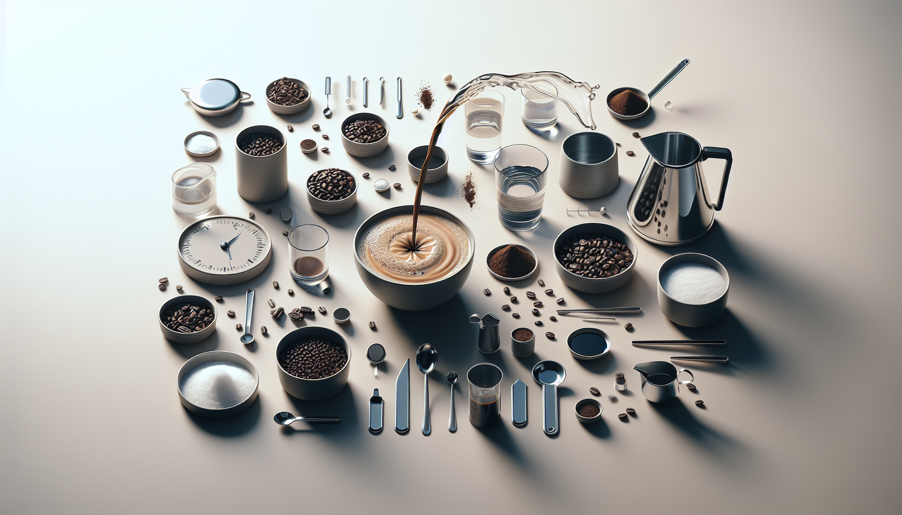 An arrangement of various coffee-related items on a light background, including bowls of coffee beans, ground coffee, and sugar, alongside measuring spoons, glasses of water, a coffee pot, a clock, and other utensils, with liquid pouring into a central bowl of coffee, creating a swirling effect.