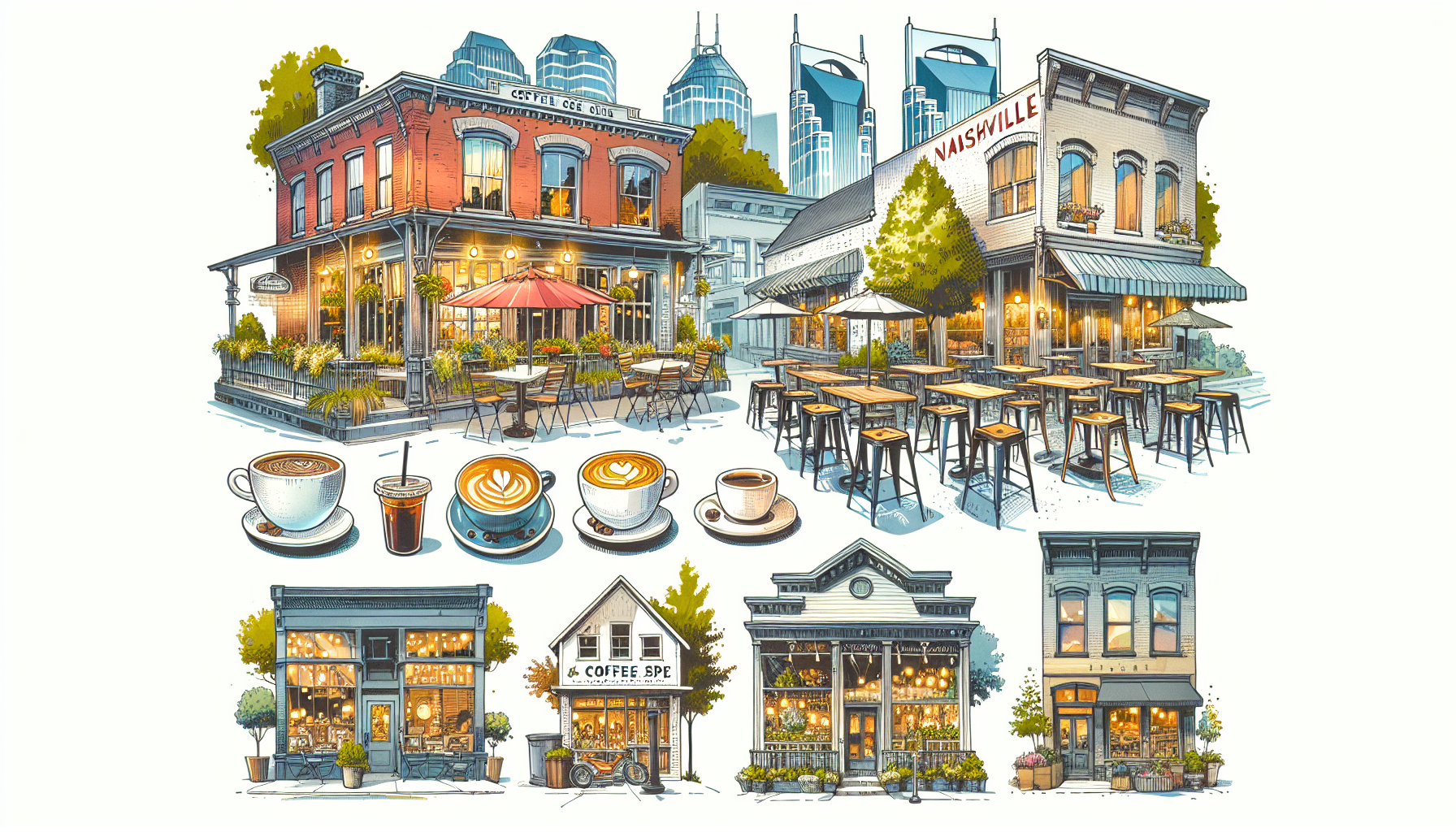 An illustration featuring various charming coffee shops in an urban setting. The scene includes a historic red brick building with outdoor seating and colorful umbrellas, a modern building labeled 