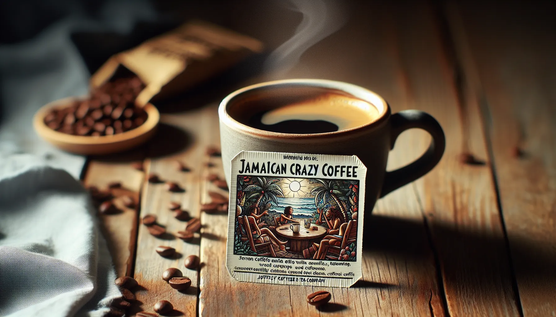 A steaming cup of Jamaican Me Crazy coffee sits on a wooden table with coffee beans scattered around.