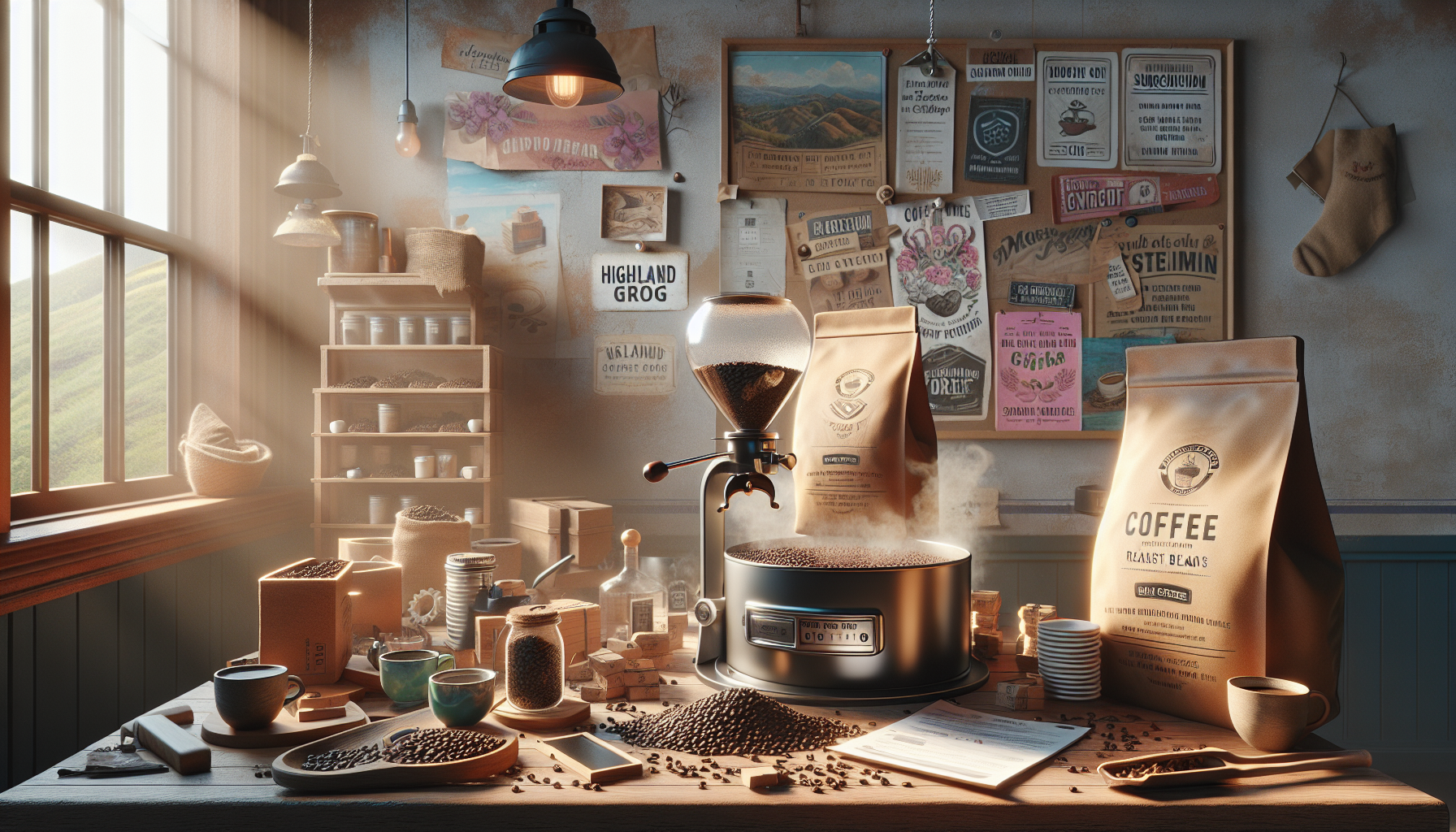 A cozy coffee shop scene featuring a coffee grinder and bags of roasted coffee beans on a rustic wooden table. Surrounding the grinder are various containers of coffee beans, ceramic cups, and wooden tools, with light streaming in through a window. The walls are adorned with vintage coffee posters and a shelf filled with jars, creating a warm and inviting atmosphere.