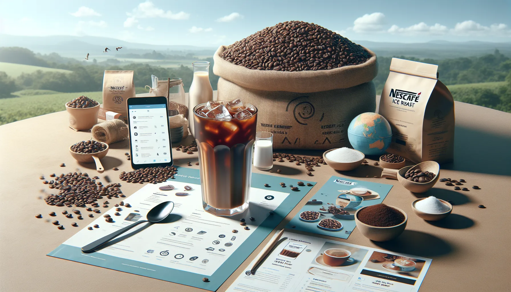 A refreshing glass of Nescafe iced coffee sits prominently on a table surrounded by coffee beans, sugar, utensils, and promotional materials, with a scenic landscape in the background.