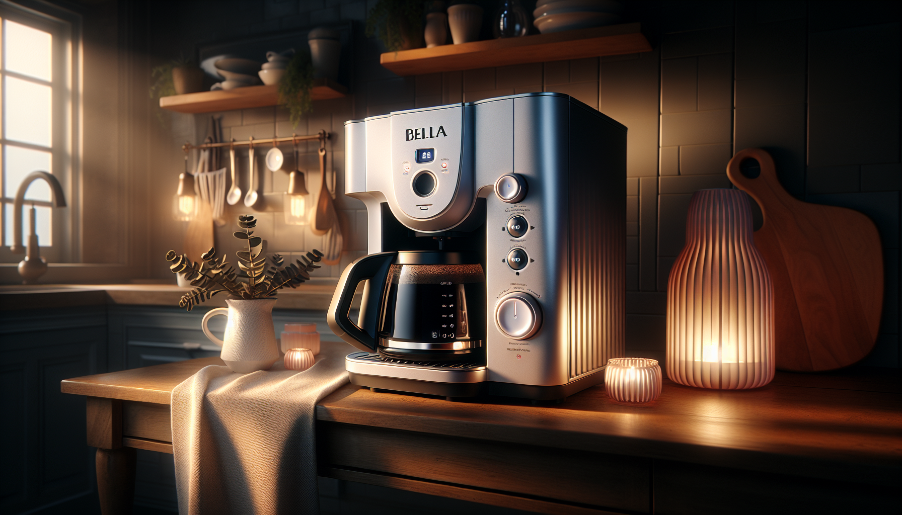 A modern coffee maker with a glass carafe sits on a wooden table in a cozy kitchen, illuminated by soft light from candles and a window. In the background, kitchen utensils hang on the wall, and a small potted plant adds a touch of greenery. The scene conveys warmth and inviting ambiance.