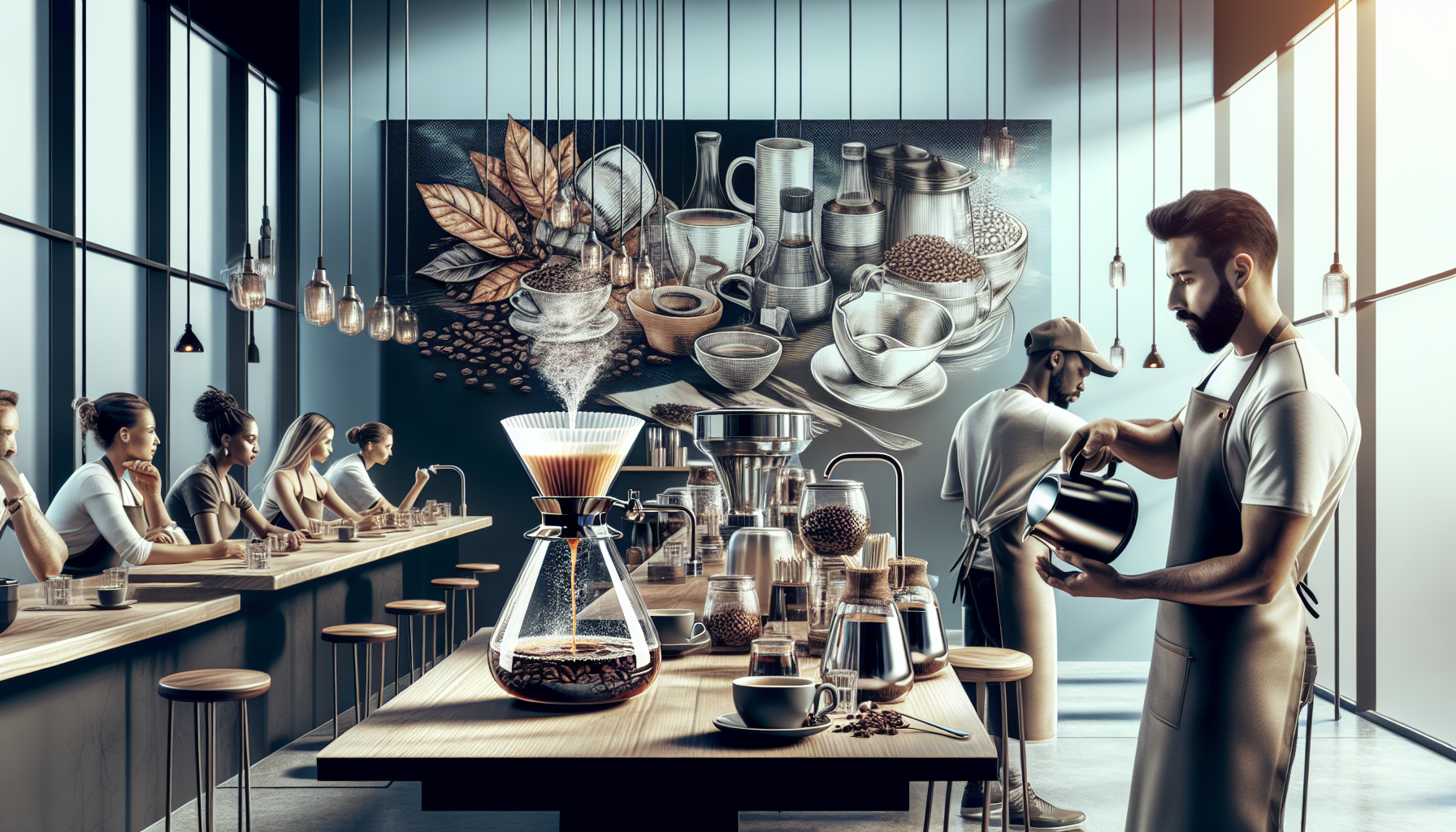 A modern coffee shop interior featuring a wooden counter with bar stools, a coffee brewing station in the foreground, and several customers seated at the bar. Two baristas behind the counter are working: one is pouring coffee from a kettle, while the other brews coffee using a Chemex. The wall behind them is decorated with a large mural depicting coffee-related items like cups and beans. The space is illuminated with pendant lights, creating a cozy atmosphere.