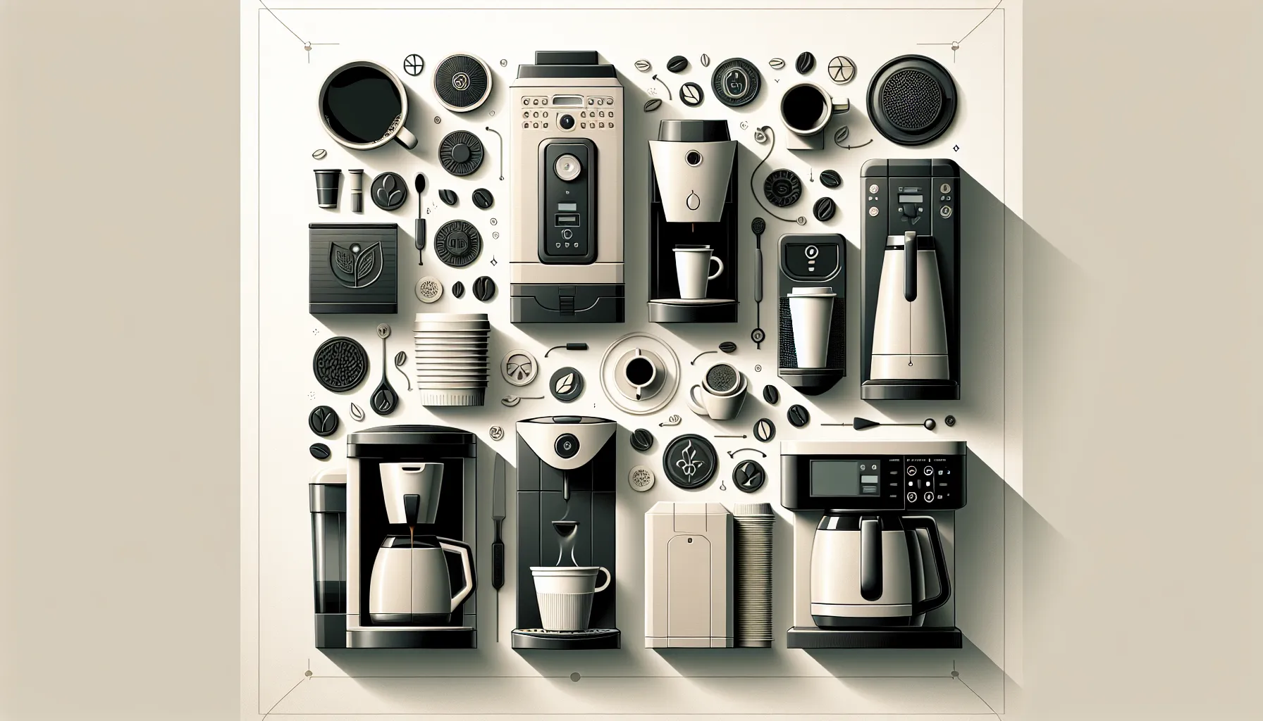 A flat lay arrangement featuring various coffee-related items, including coffee machines, mugs, coffee grounds, cups, and coffee beans, artistically organized against a light background.