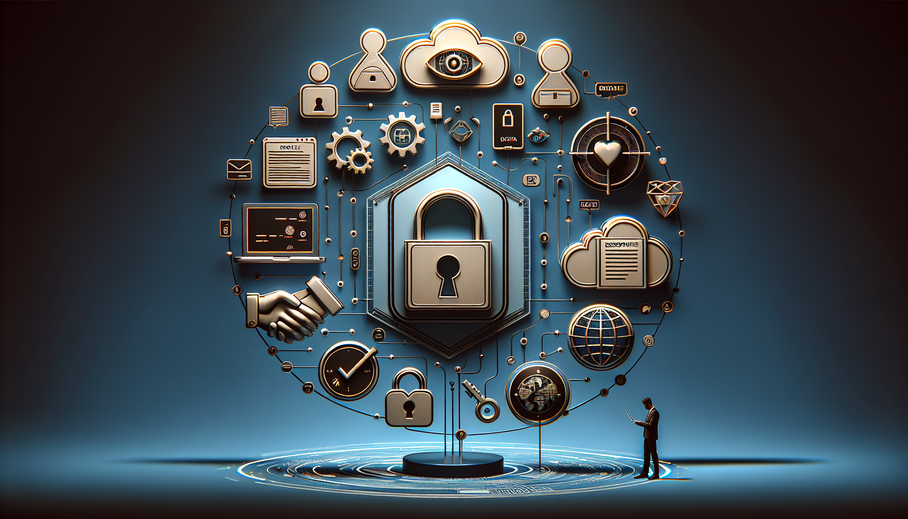 A small figure in a business suit stands before a large, stylized lock icon surrounded by various digital security symbols, including icons of a cloud, handshake, data, and a globe, all interconnected by lines on a gradient background.