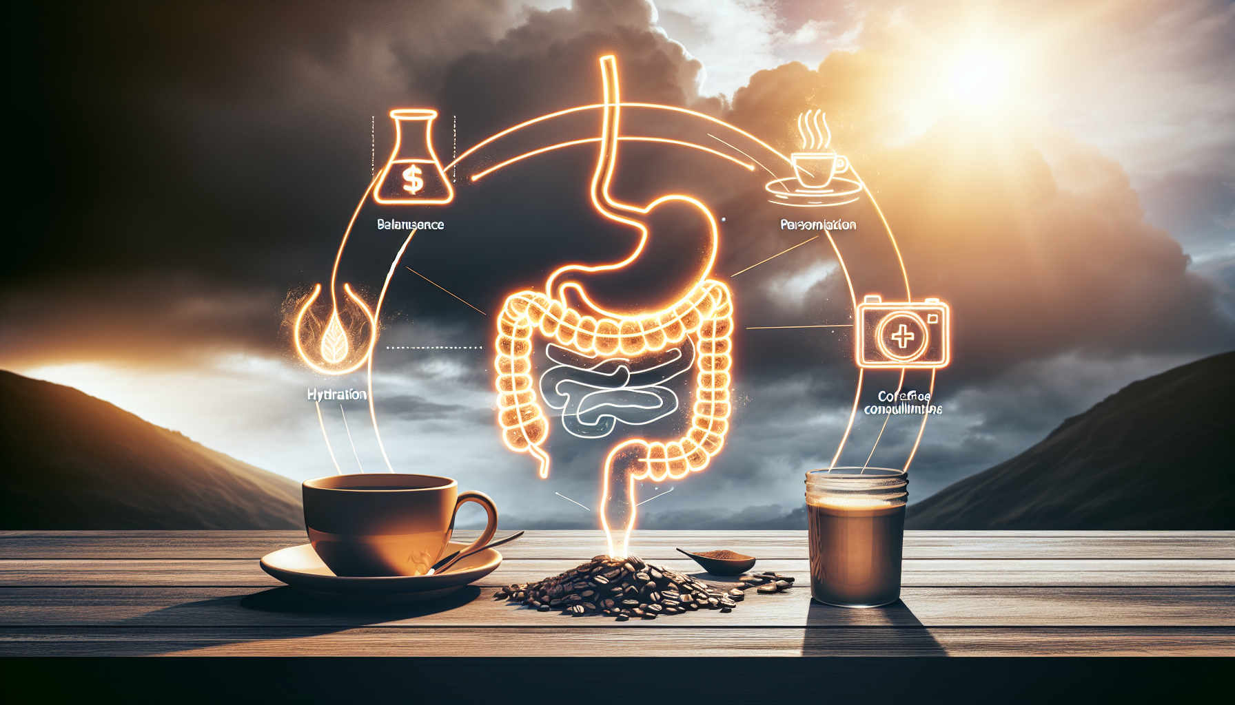 A stylized representation of the human digestive system illuminated in orange, with coffee beans and a cup on a wooden table. Icons surrounding the digestive system highlight key concepts: hydration, balance, personalization, and caffeine. The background features a dramatic sky and mountains, suggesting a theme of health and wellness.