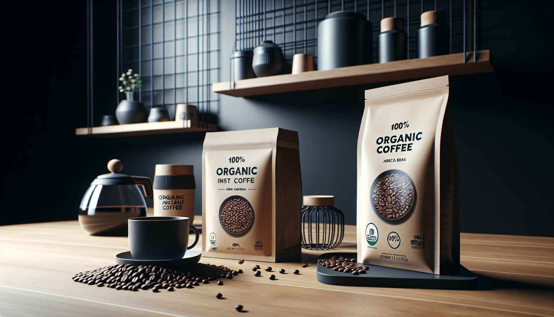 A stylish kitchen scene featuring two packages of organic coffee—one labeled 