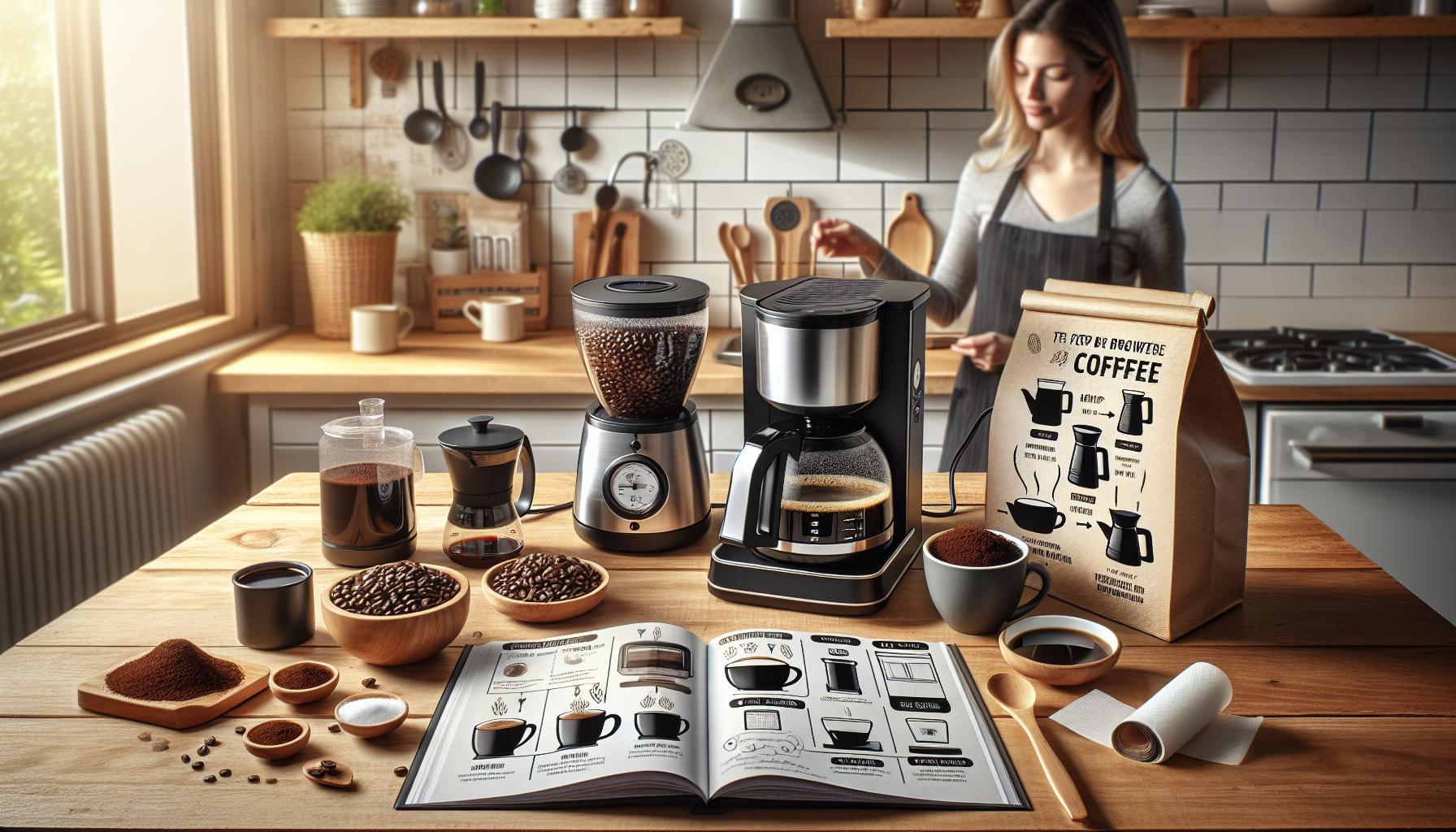 A cozy kitchen scene featuring a woman preparing coffee. On a wooden table, there is a coffee maker, a grinder filled with coffee beans, a French press, and various bowls containing coffee grounds, sugar, and whole beans. An open coffee guidebook lies on the table alongside a coffee cup and a bag labeled 