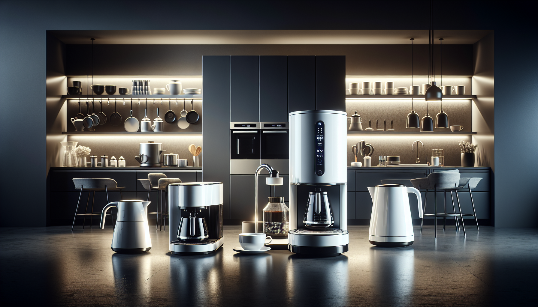 A modern kitchen setting featuring a collection of sleek coffee-making appliances, including a white electric kettle, a coffee maker with a glass jug, a stainless steel pour-over kettle, and a stylish coffee brewer. The background displays elegant kitchenware on shelves, softly illuminated by warm lighting, creating a cozy atmosphere.