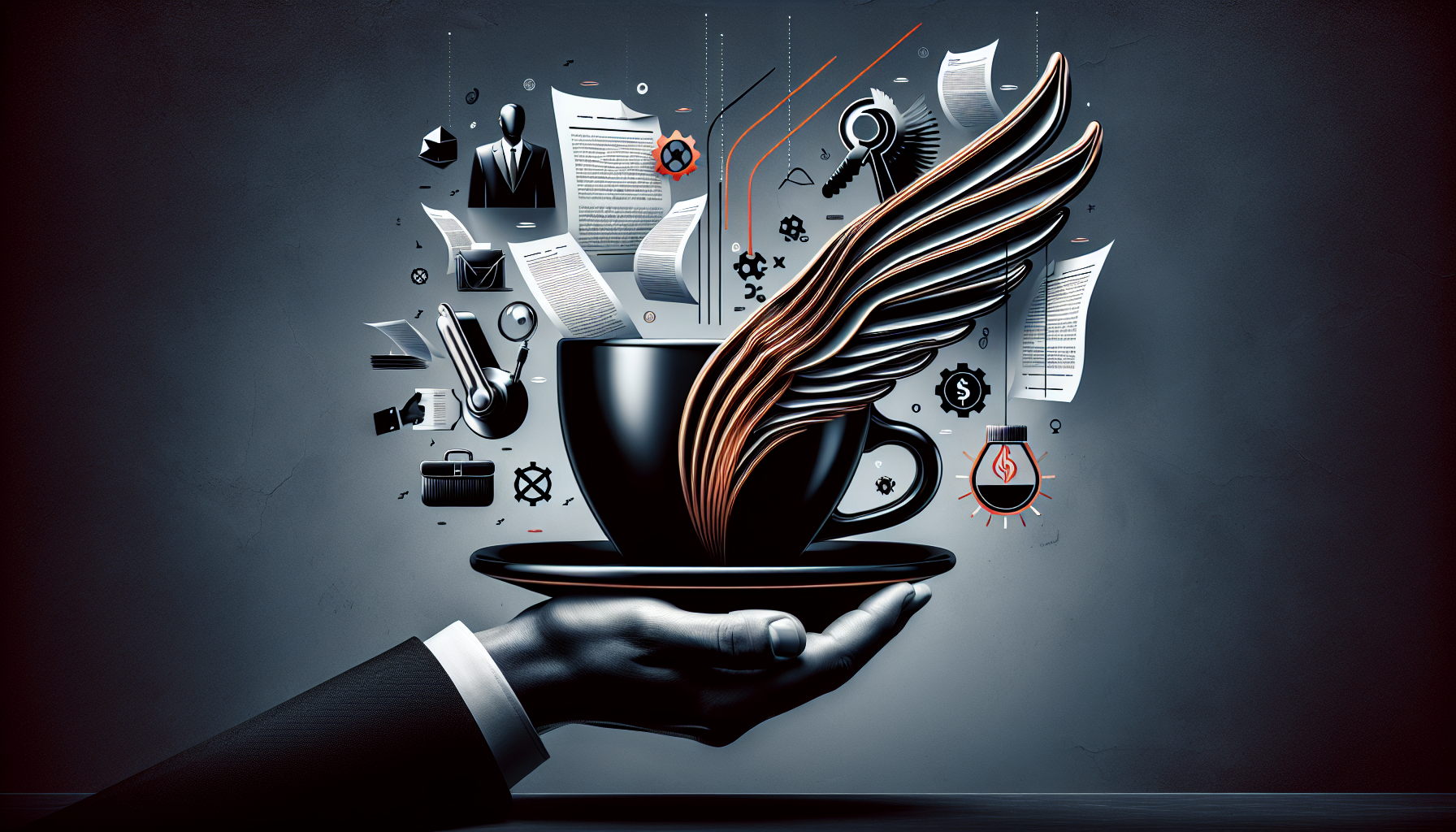 A hand holding a black coffee cup on a saucer, with dynamic, swirling graphics of business icons, paperwork, and gears emerging from the cup, suggesting creativity and productivity.