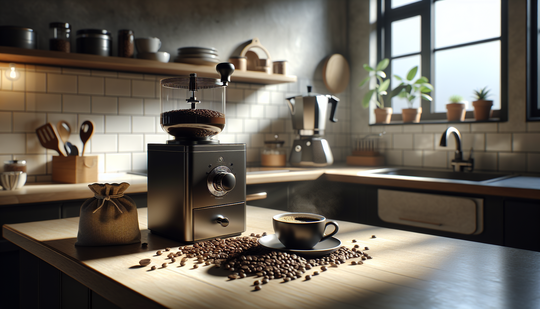 A dark coffee grinder sits on a wooden kitchen countertop, surrounded by scattered coffee beans. Next to it, a steaming black cup of coffee on a saucer rests, with a small burlap bag nearby. In the background, shelves filled with kitchenware and potted plants are visible, illuminated by natural light from large windows.